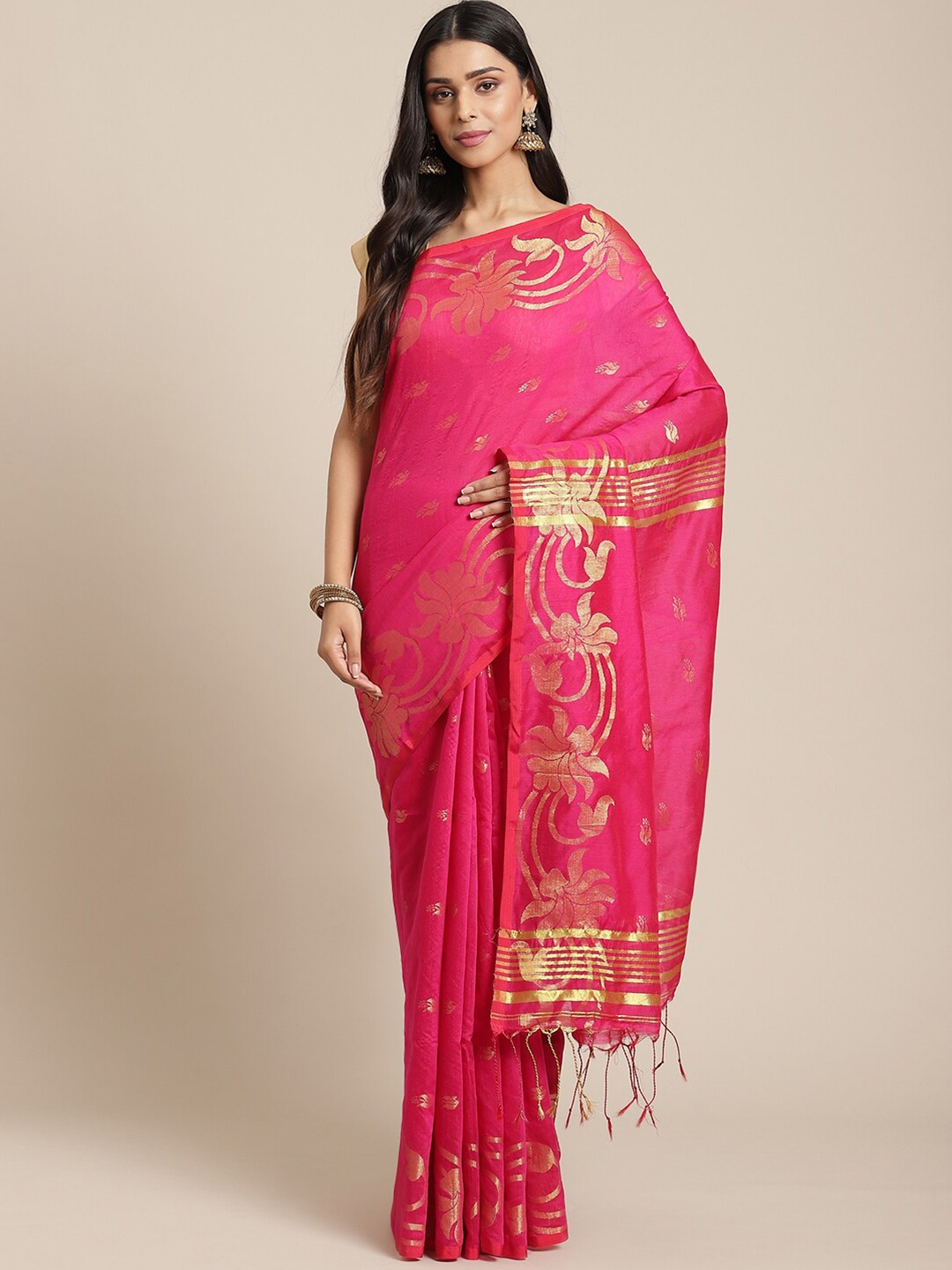 

Laa Calcutta Pink & Golden Ethnic Motifs Zari Silk Cotton Taant Saree