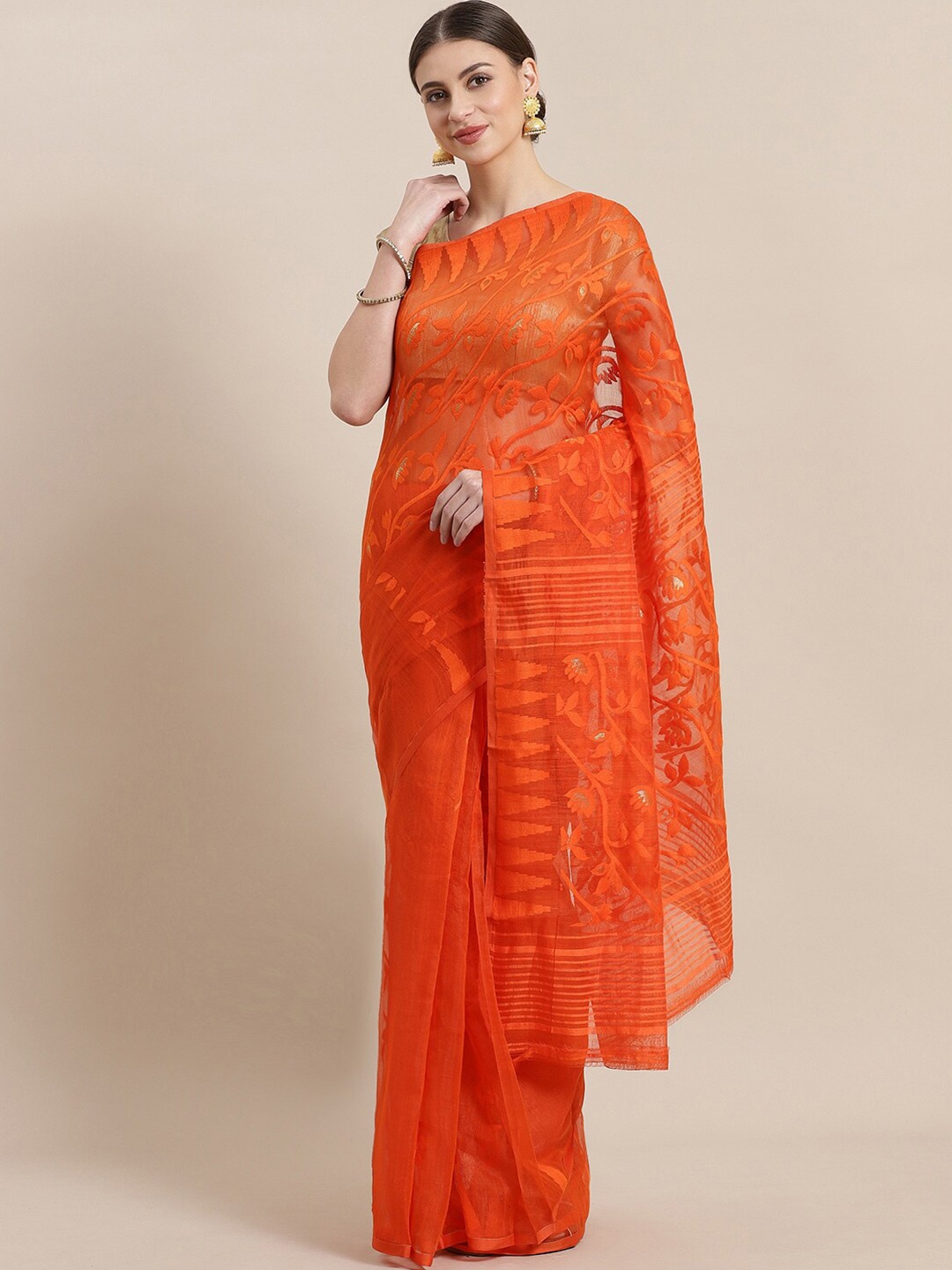 

Laa Calcutta Orange & Green Ethnic Motifs Silk Cotton Handwoven Jamdani Saree