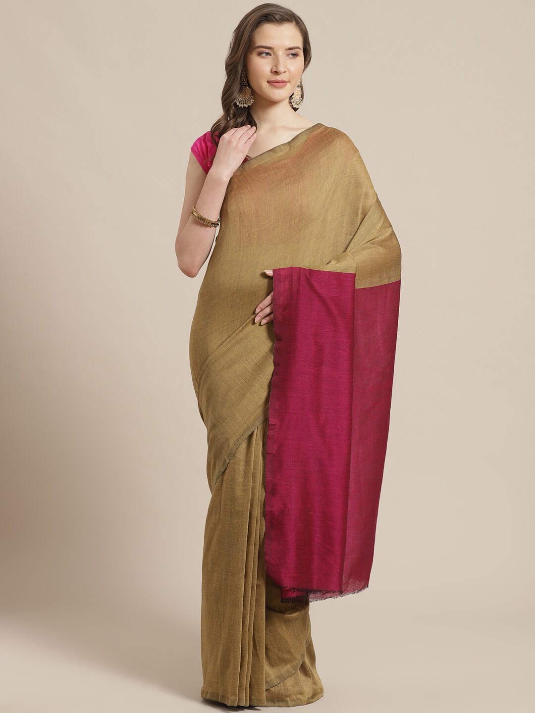 

Laa Calcutta Gold-Toned & Magenta Solid Handloom Pure Cotton Taant Saree