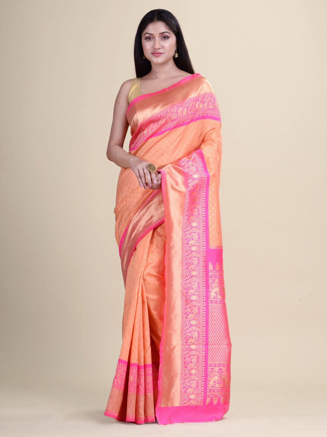 

Laa Calcutta Beige & Pink Ethnic Motifs Zari Banarashi Pure Silk Jamdani Saree