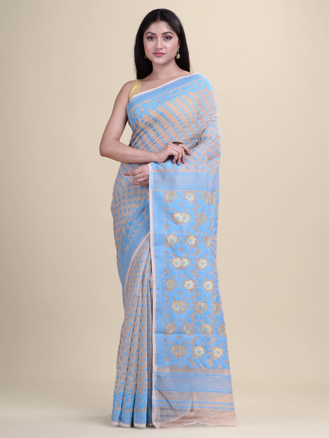 

Laa Calcutta Off White & Blue Woven Design Silk Jamdani Saree