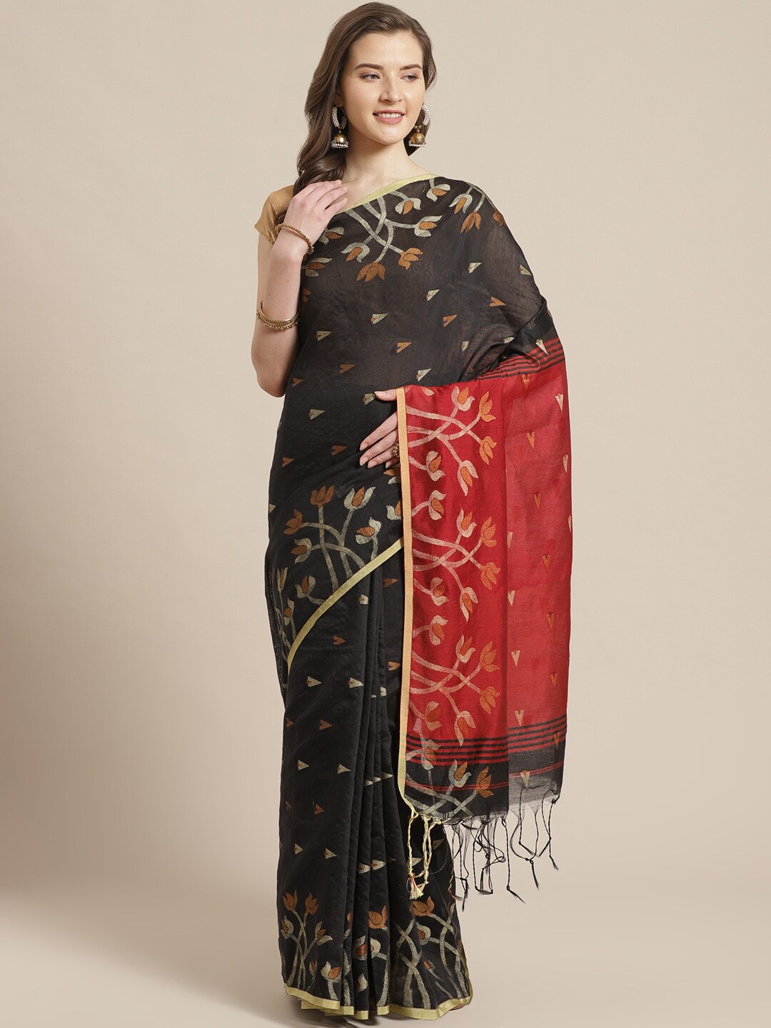 

Laa Calcutta Black & Red Woven Design Silk Cotton Taant Saree