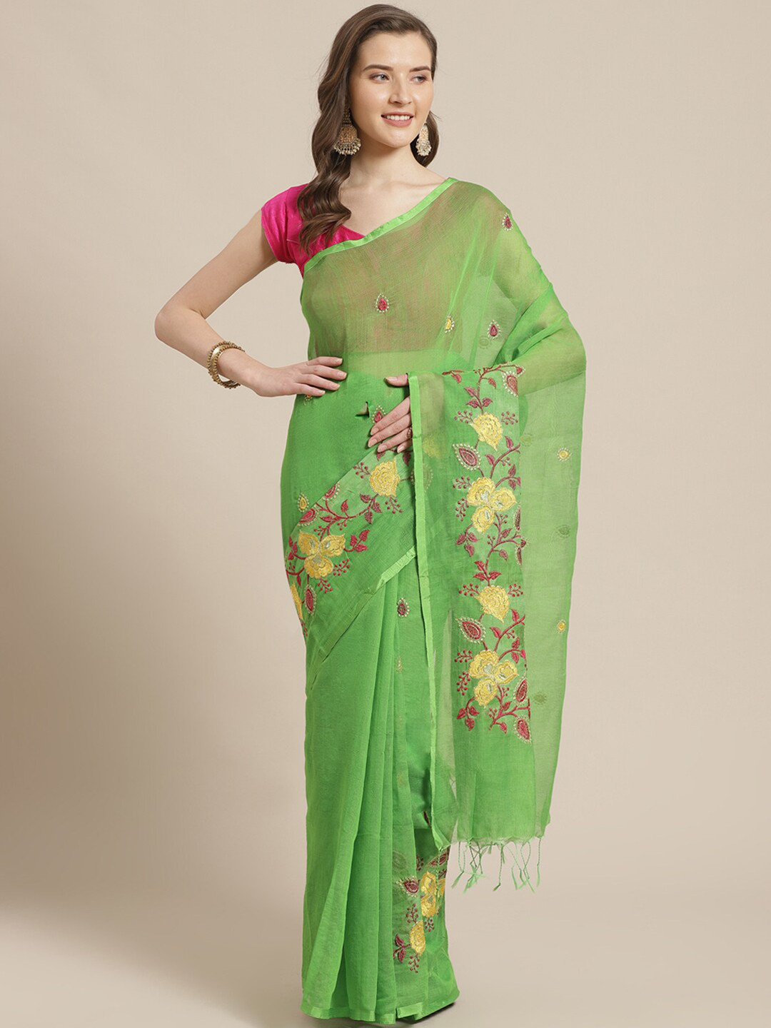 

Laa Calcutta Green & Pink Floral Embroidered Silk Cotton Taant Handloom Saree