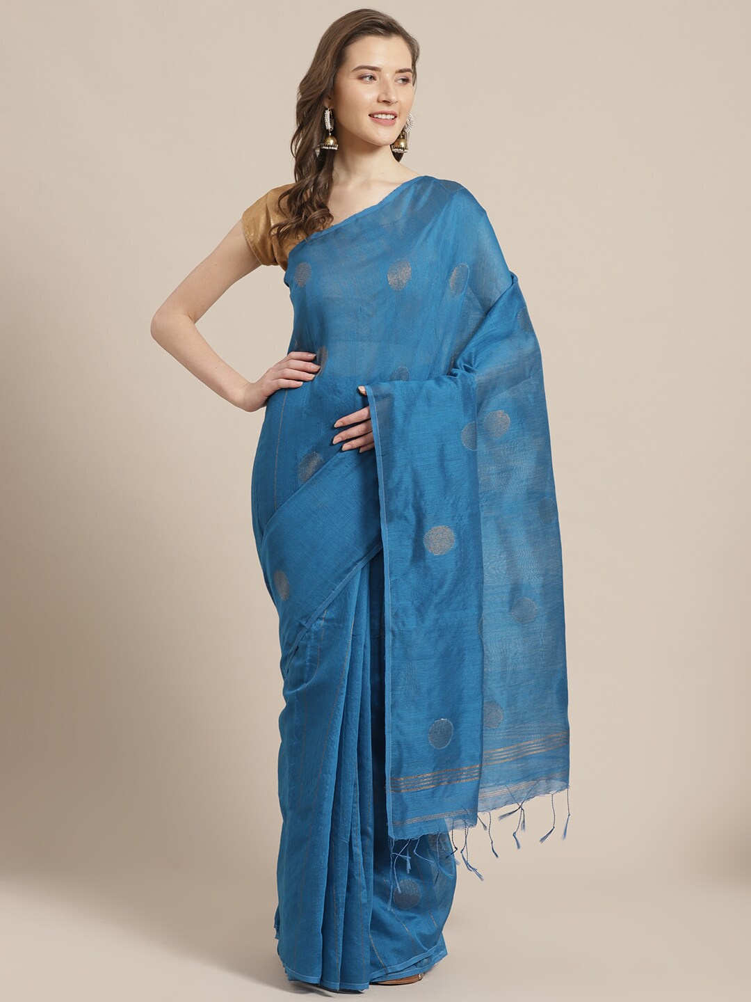 

Laa Calcutta Blue & Gold-Toned Silk Cotton Taant Handloom Saree