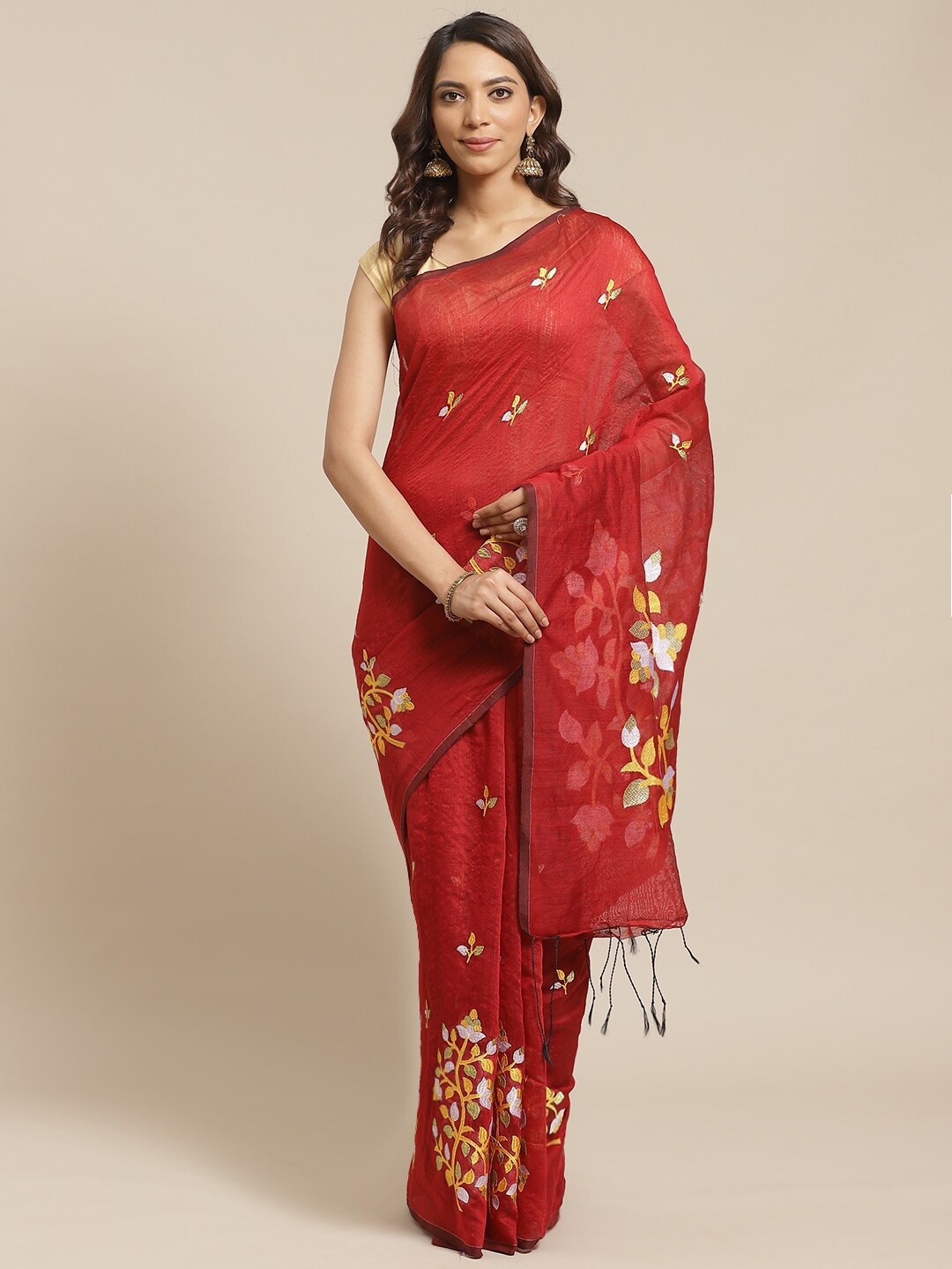 

Laa Calcutta Maroon & Golden Ethnic Motifs Silk Cotton Taant Saree