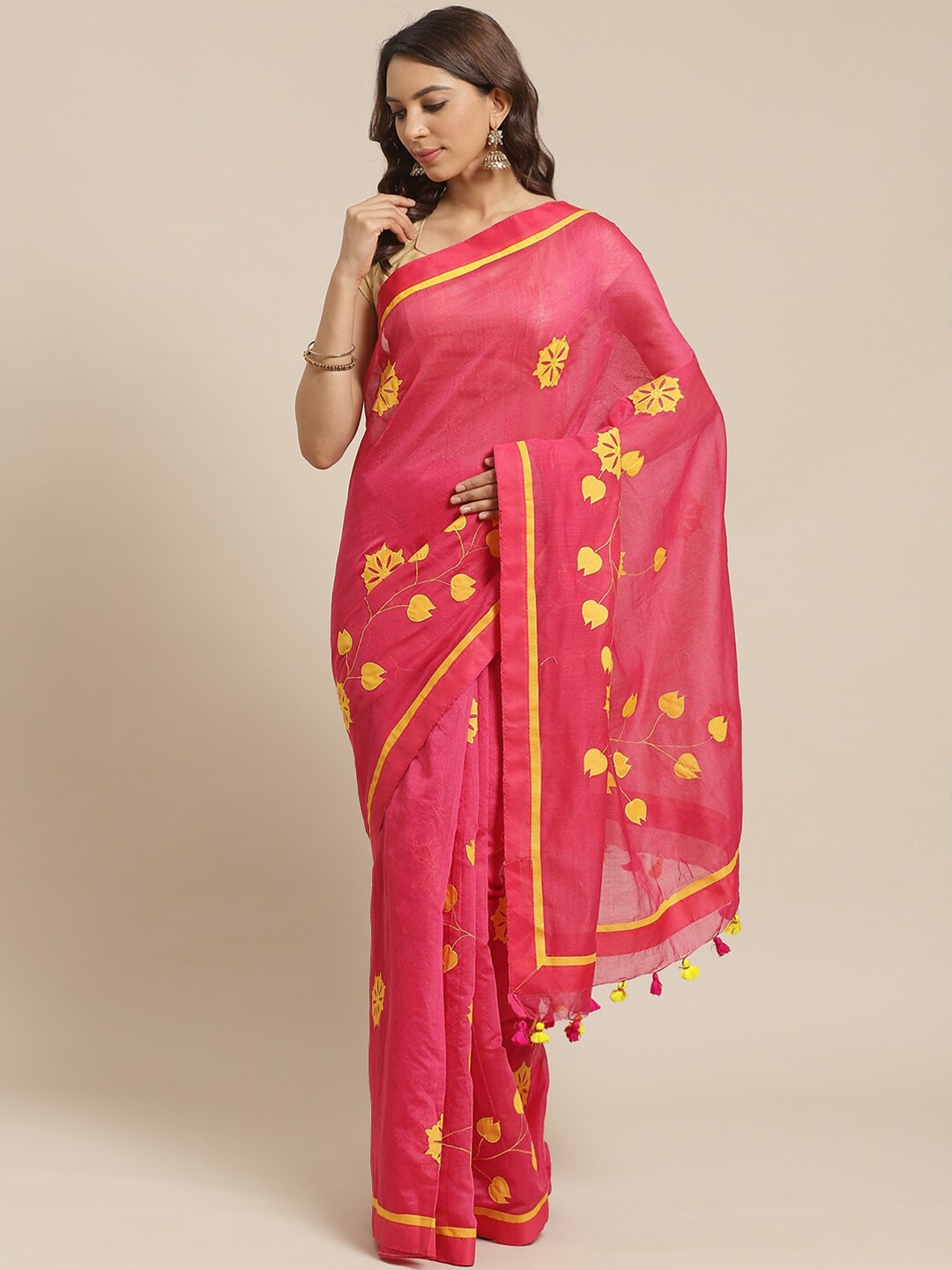 

Laa Calcutta Pink & Yellow Floral Bengal Silk Tant Jamdani Saree