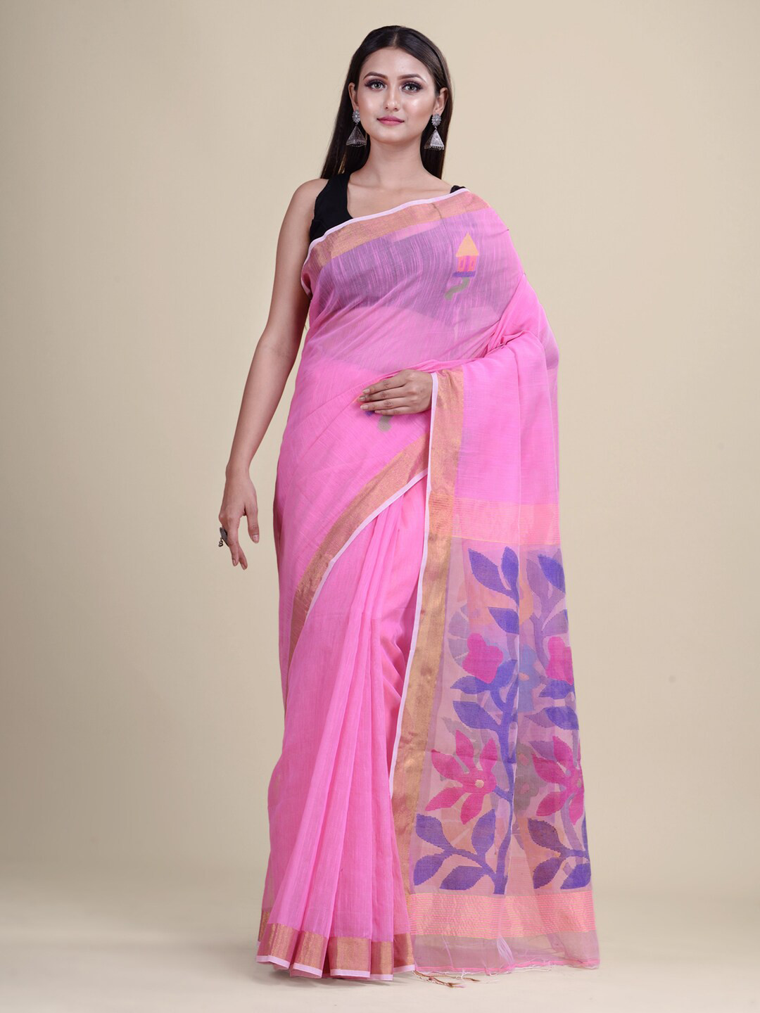 

Laa Calcutta Pink & Blue Floral Zari Hand Woven Silk Cotton Jamdani Saree