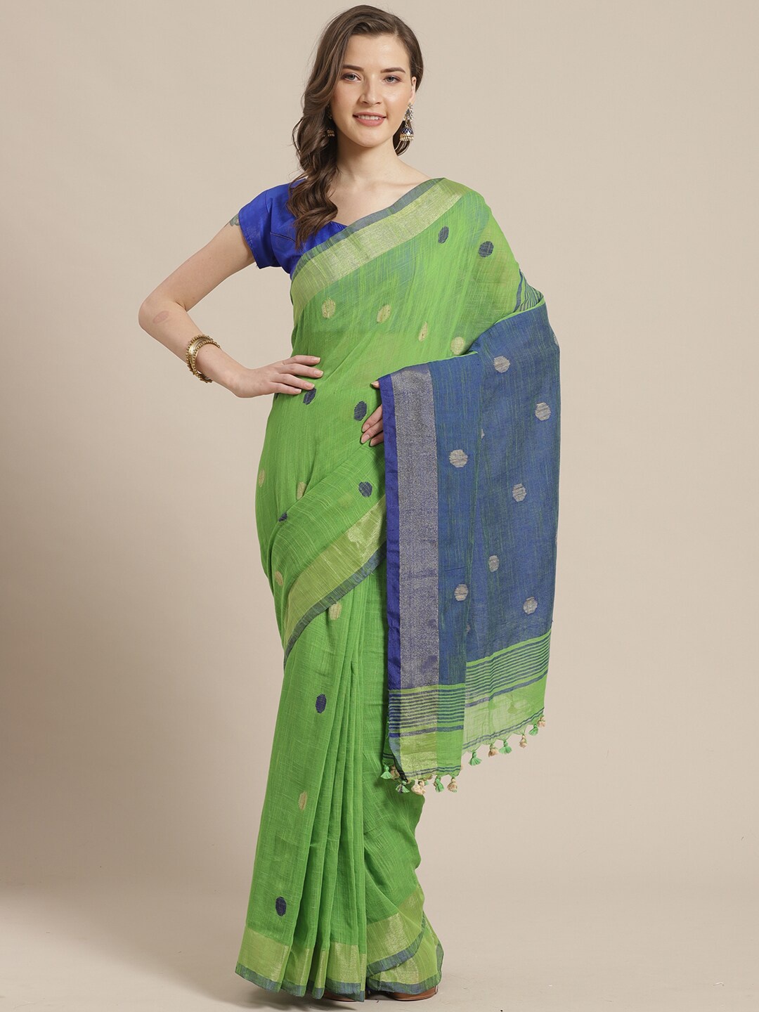 

Laa Calcutta Green & Blue Woven Design Pure Cotton Taant Saree