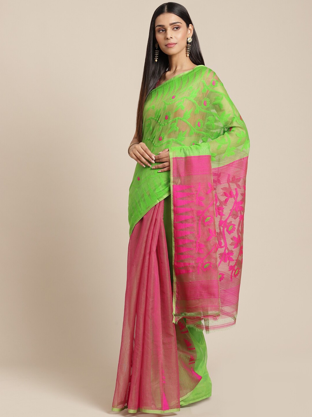 

Laa Calcutta Green & Blue Woven Design Silk Cotton Jamdani Saree