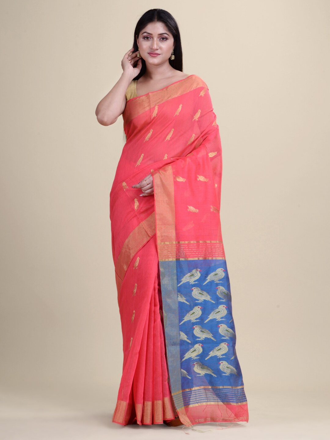 

Laa Calcutta Pink & Blue Woven Design Zari Silk Cotton Jamdani Saree