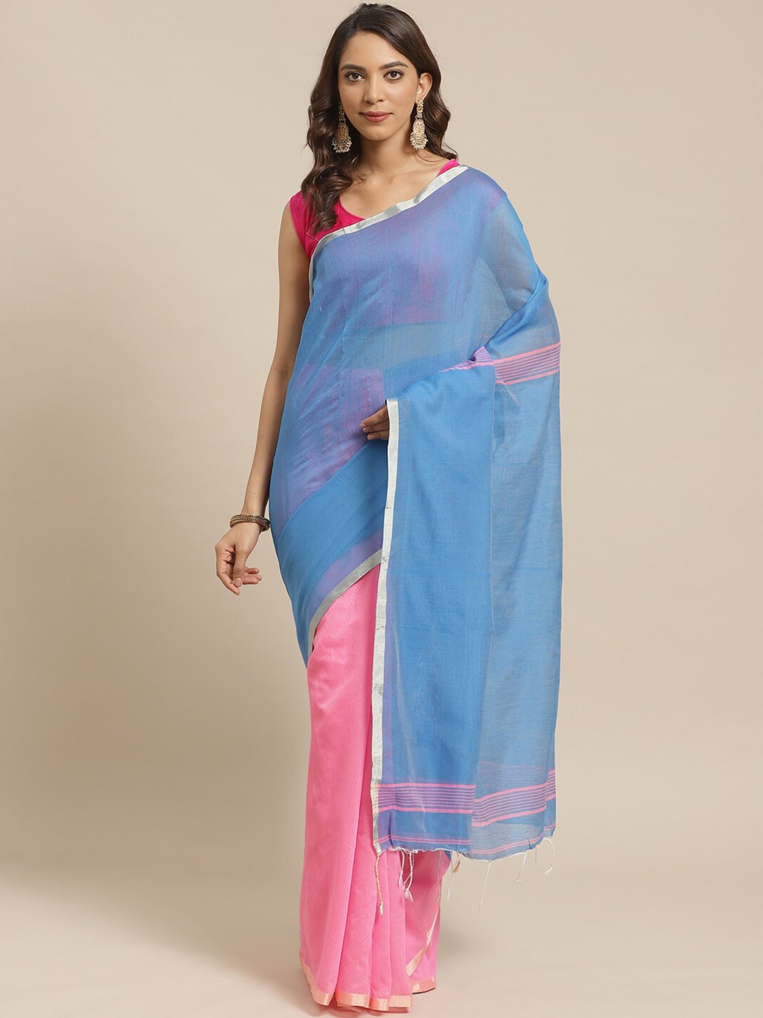 

Laa Calcutta Women Pink Silk Cotton Taant Saree