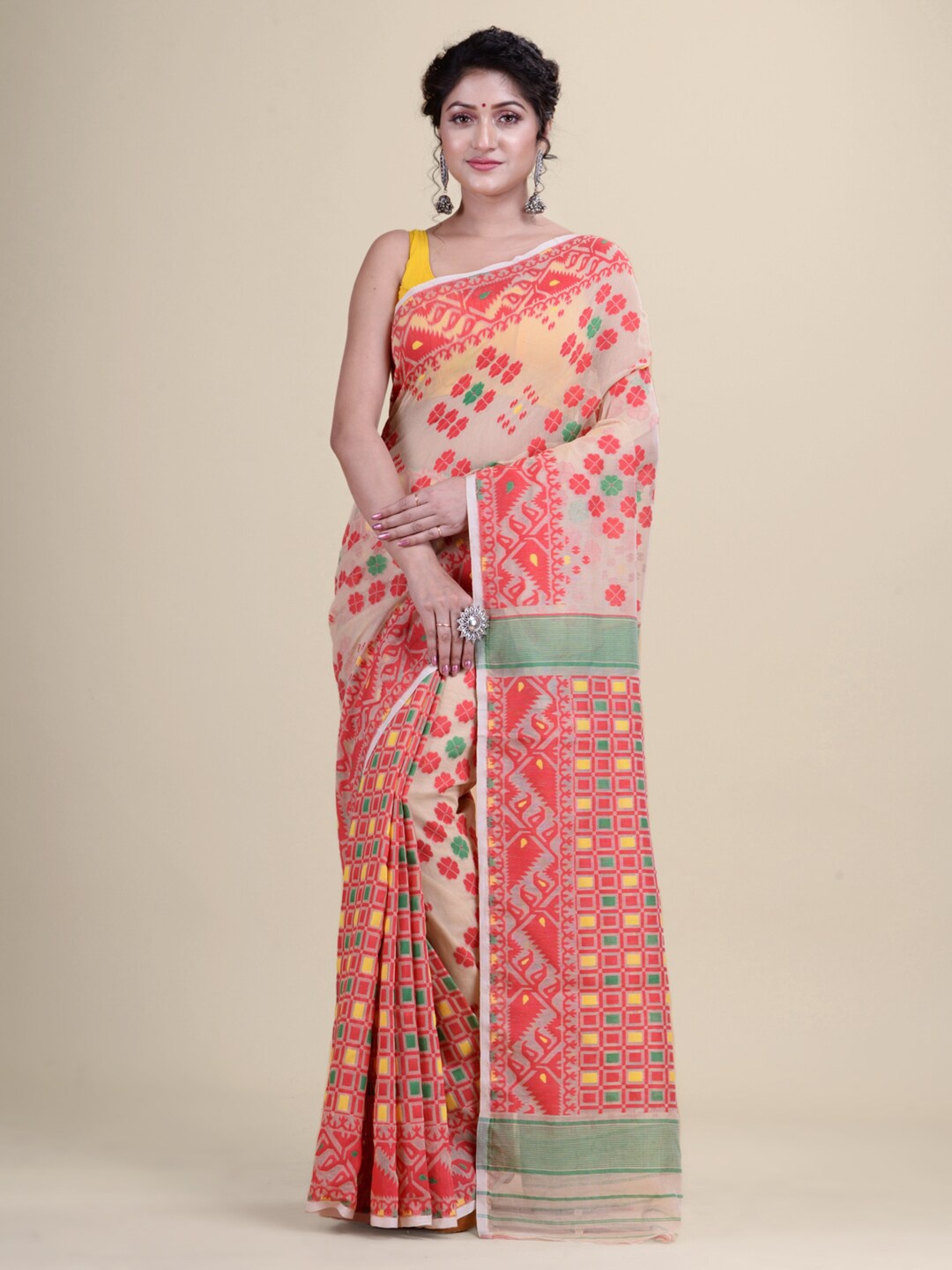 

Laa Calcutta Beige & Red Ethnic Motifs Silk Cotton Jamdani Saree