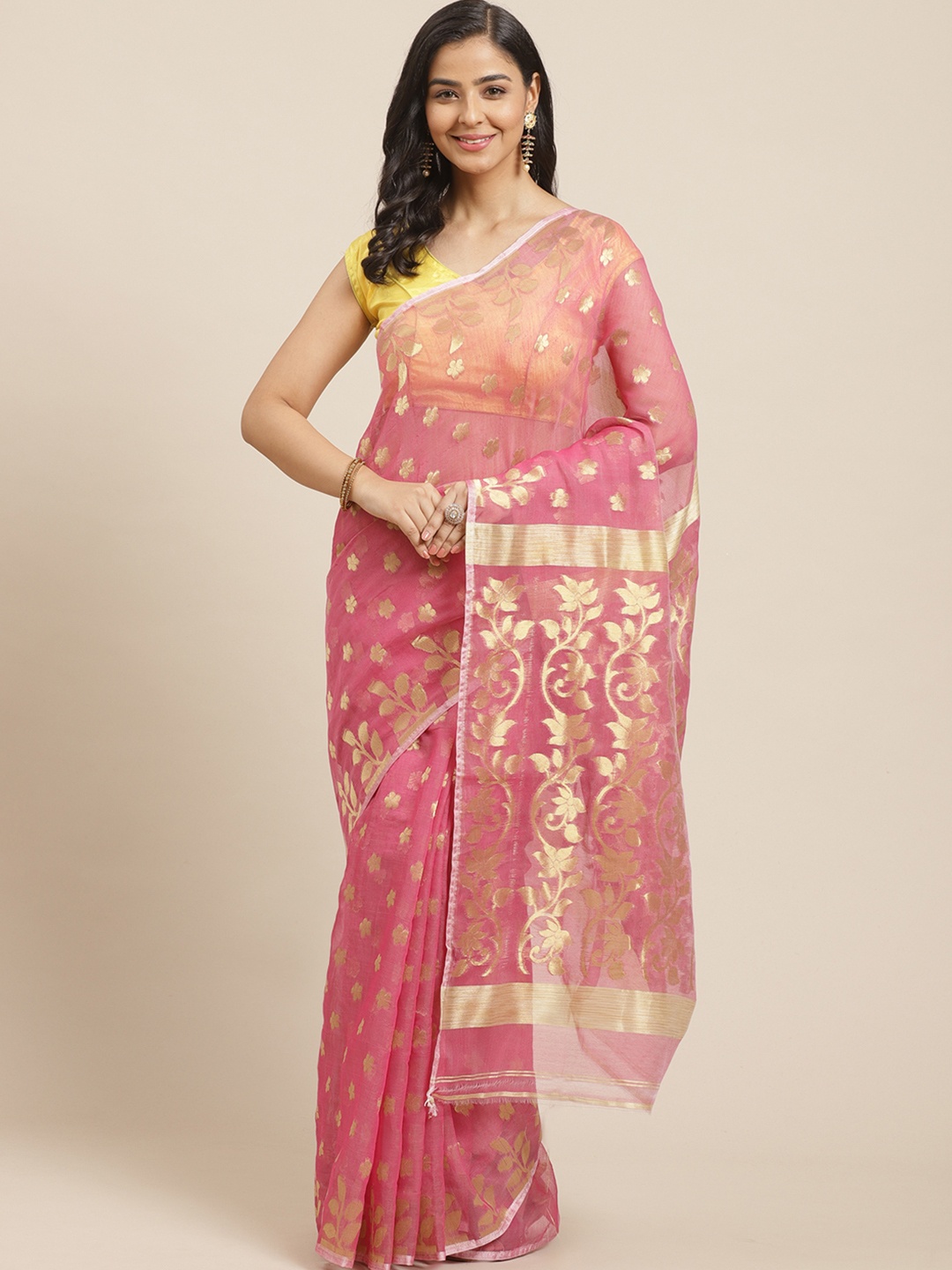 

Laa Calcutta Pink & Gold-Toned Hand Woven Silk Cotton Jamdani Tant Handloom Saree