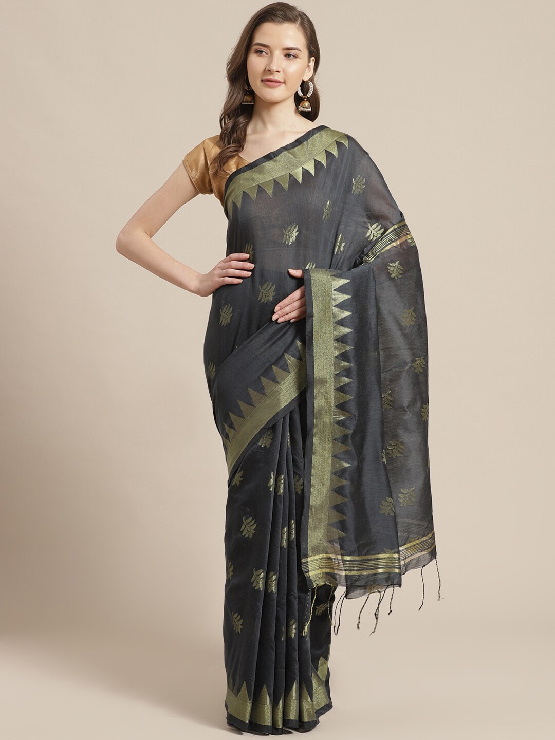 

Laa Calcutta Black & Gold-Toned Woven Design Silk Cotton Taant Saree