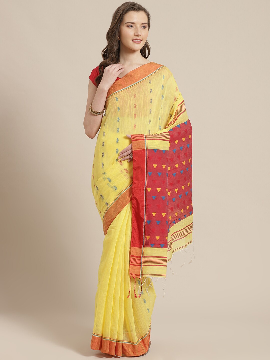 

Laa Calcutta Yellow & Red Woven Design Silk Cotton Taant Saree
