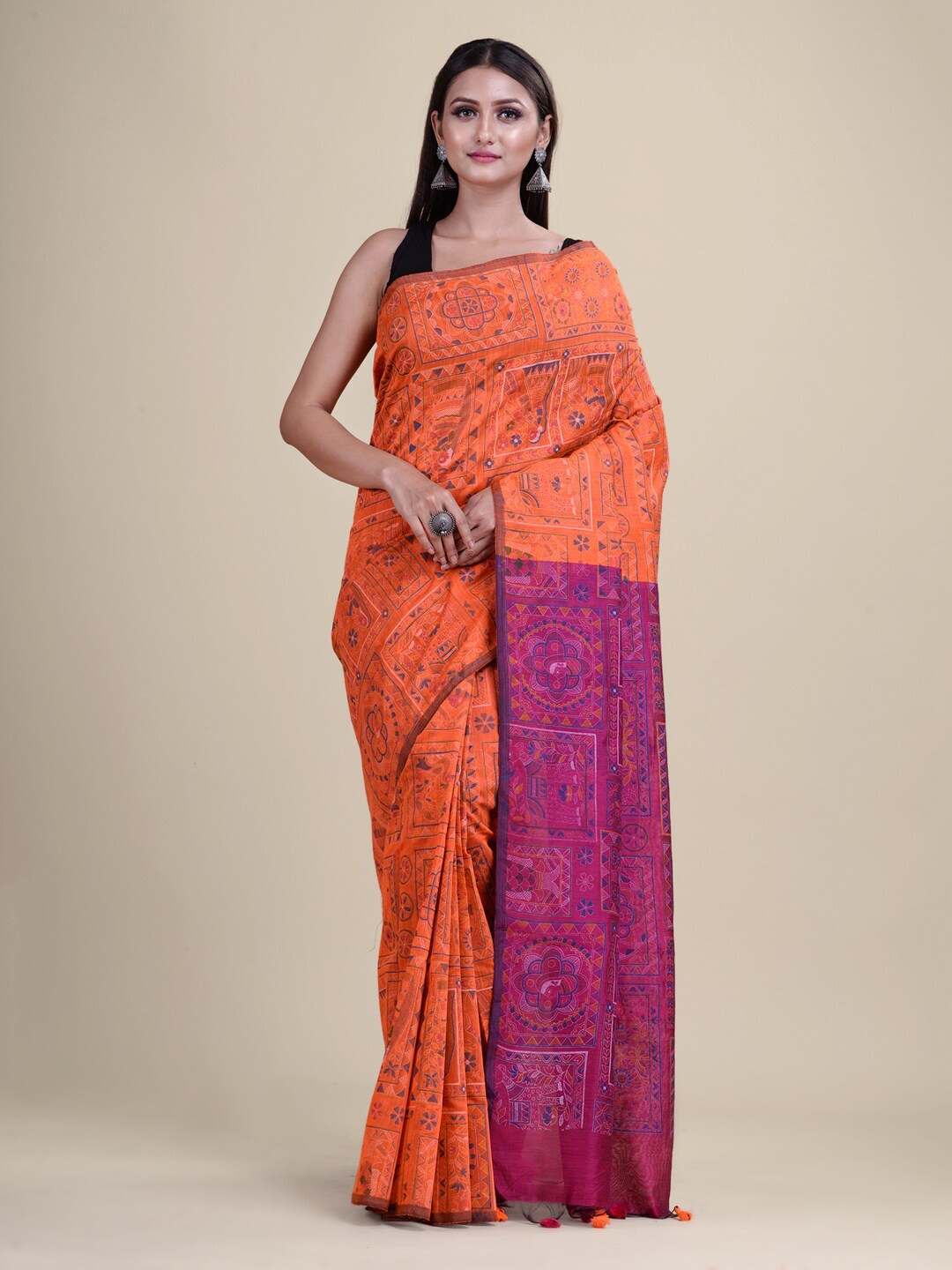 

Laa Calcutta Orange & Pink Ethnic Motifs Silk Cotton Taant Handloom Saree