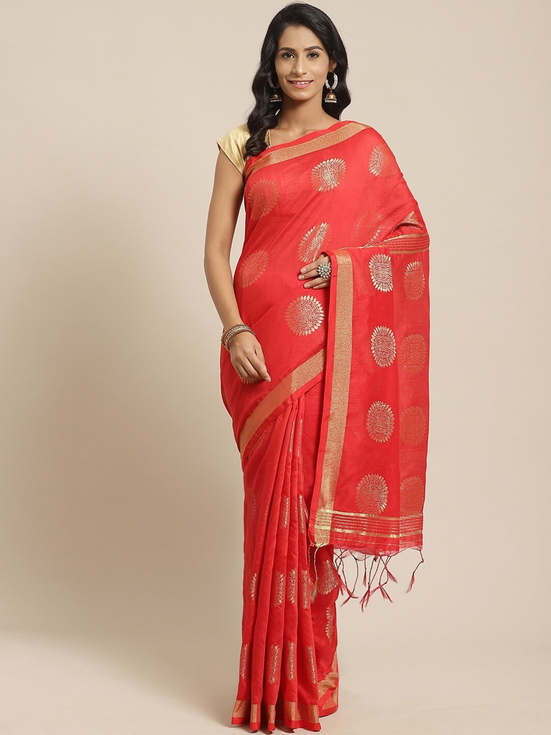 

Laa Calcutta Red & Gold-Toned Ethnic Motifs Silk Cotton Taant Handloom Saree