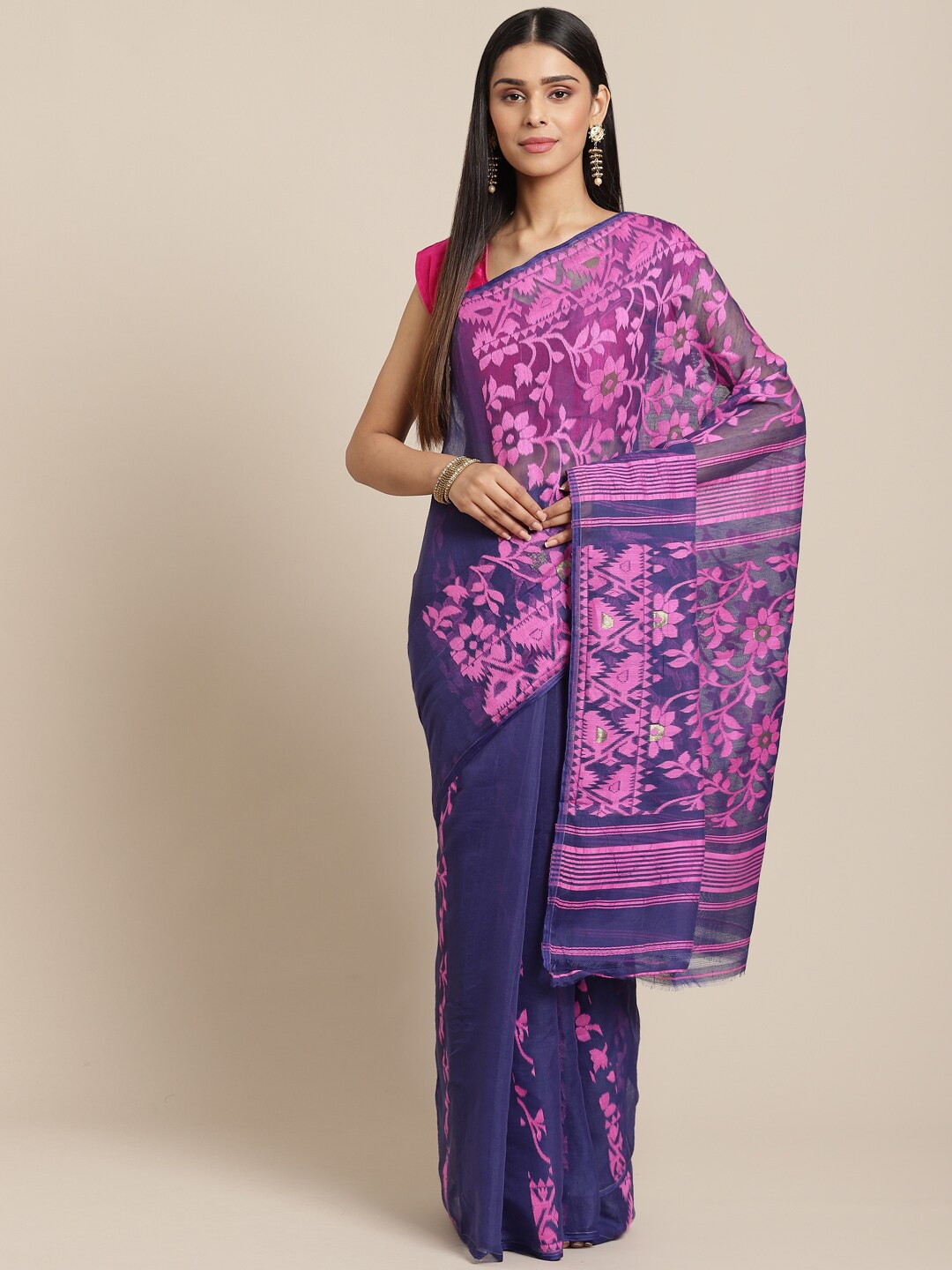 

Laa Calcutta Navy Blue & Pink Woven Design Silk Cotton Jamdani Saree