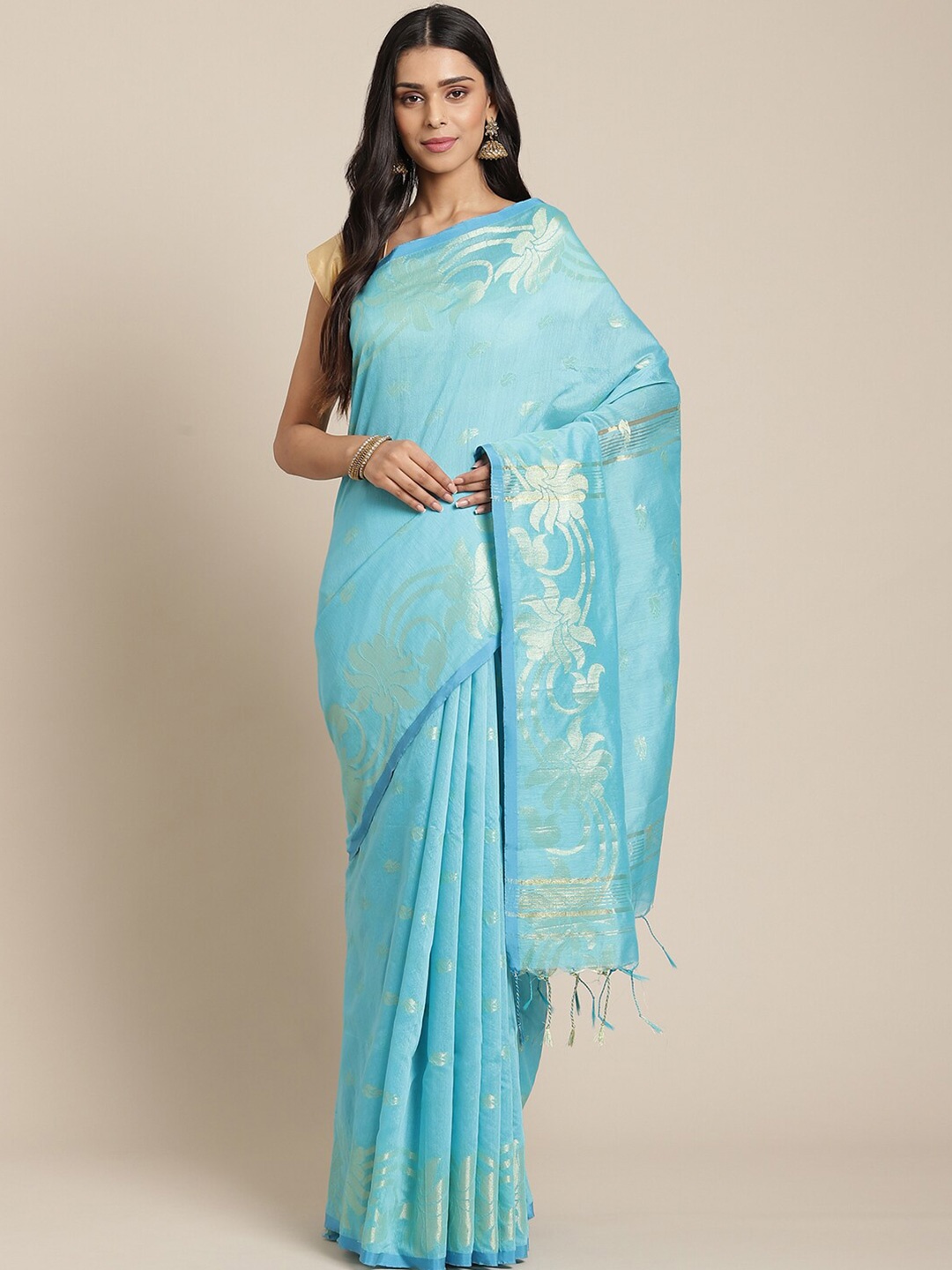 

Laa Calcutta Blue & Gold-Toned Woven Design Zari Silk Cotton Taant Saree