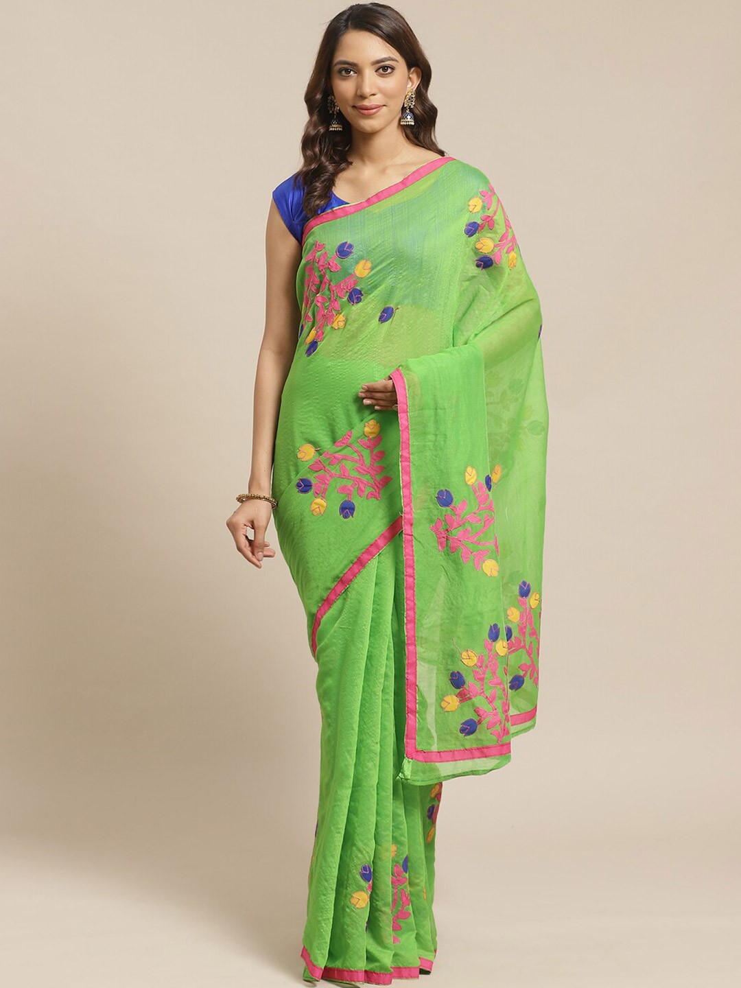 

Laa Calcutta Women Green Embroidered Silk Cotton Taant Sarees