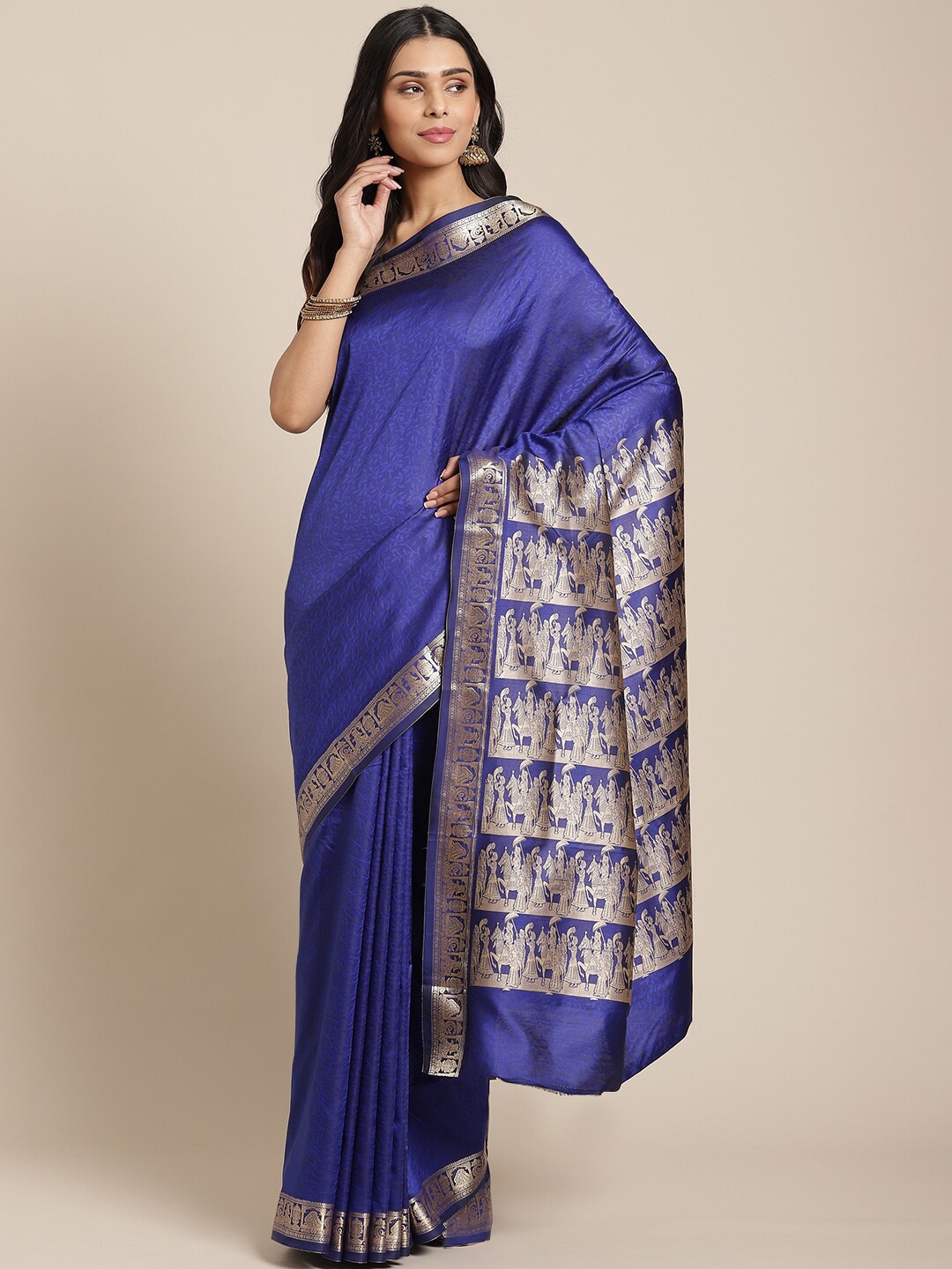 

Laa Calcutta Navy Blue & Gold-Toned Woven Design Zari Silk Cotton Taant Saree