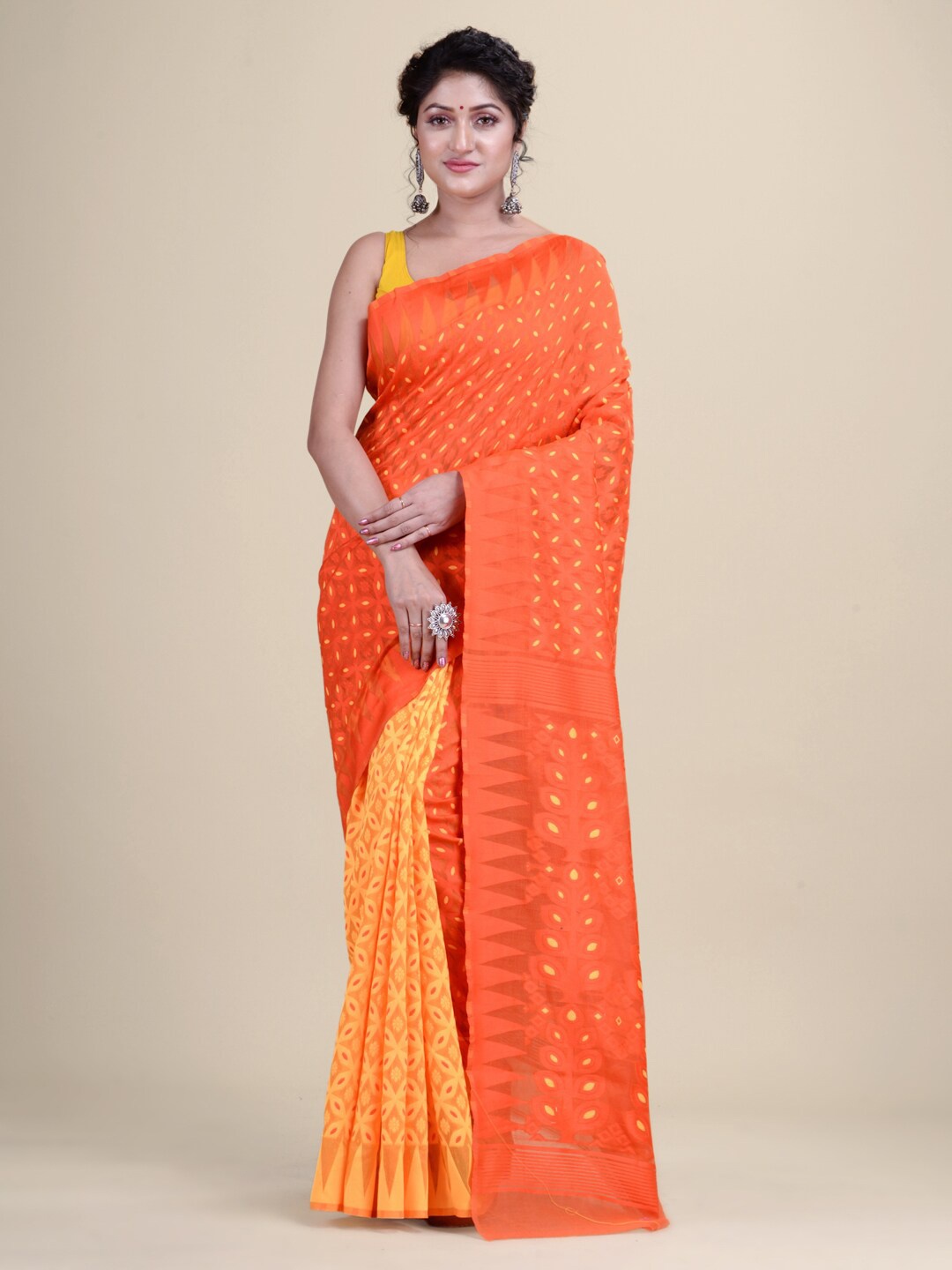 

Laa Calcutta Orange & Yellow Floral Silk Cotton Jamdani Saree