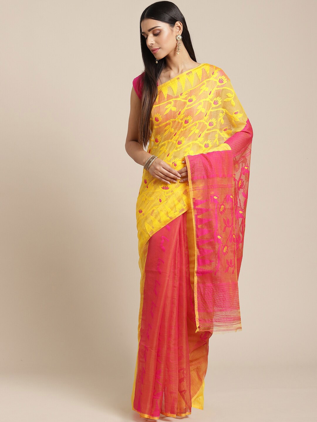 

Laa Calcutta Yellow & Pink Ethnic Motifs Handwoven Silk Cotton Jamdani Saree