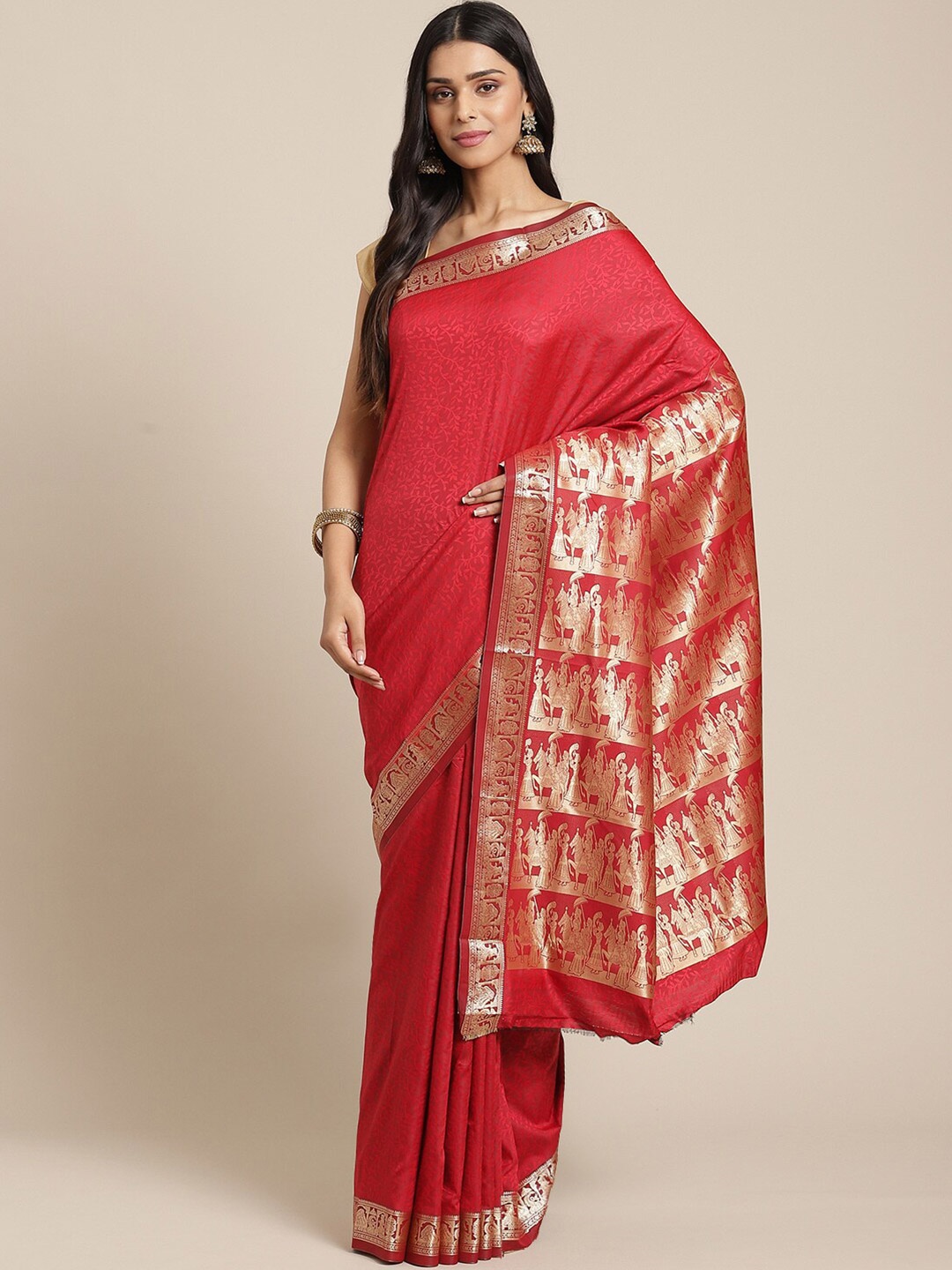 

Laa Calcutta Red & Golden Ethnic Motifs Silk Cotton Taant Saree