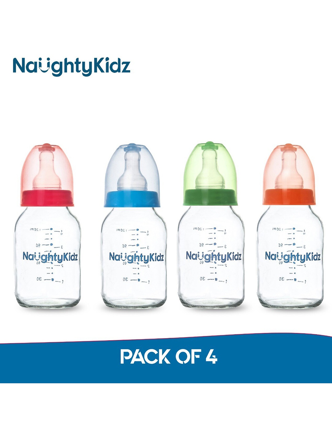 

NAUGHTY KIDZ Pack of 4 Glass Baby Feeding Bottles 120ml each, Blue