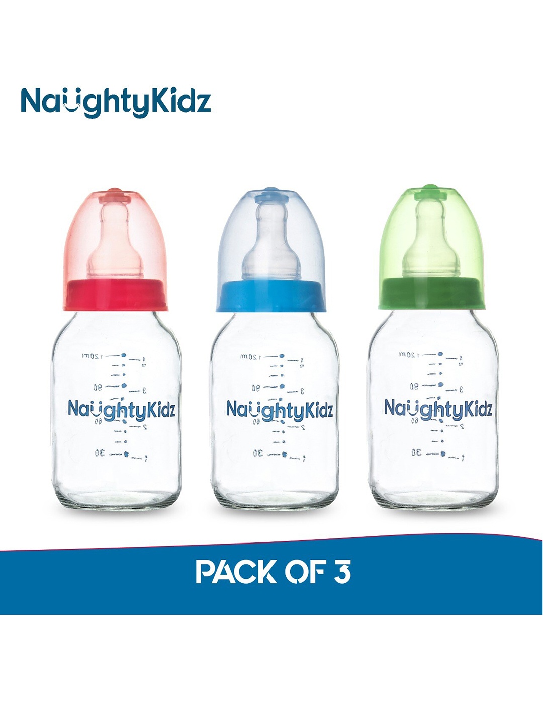 

NAUGHTY KIDZ Pack of 3 Glass Baby Feeding Bottles 120ml each, Red