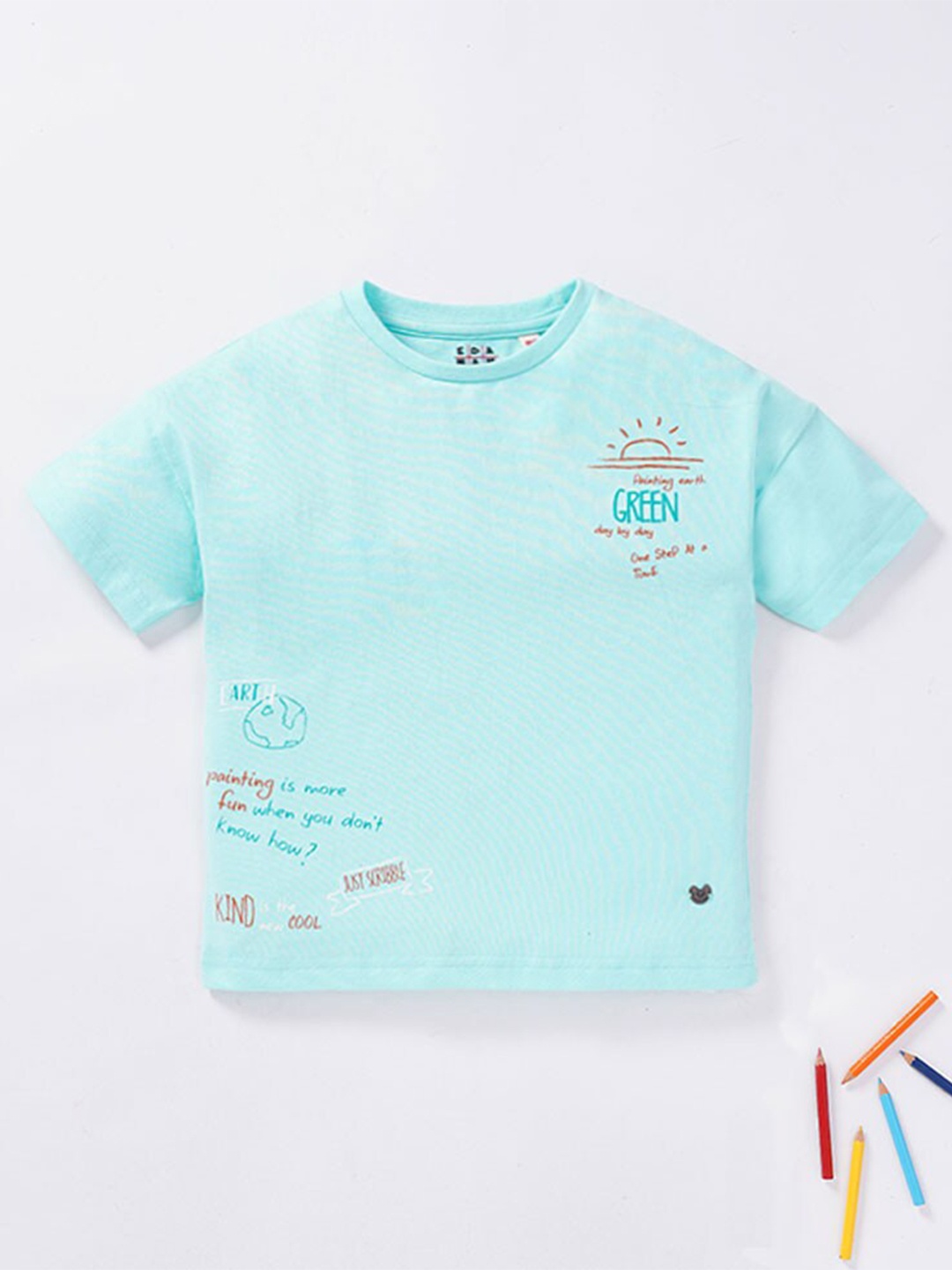 

Ed-a-Mamma Boys Turquoise Blue Printed Drop-Shoulder Sleeves Cotton Sustainable T-shirt