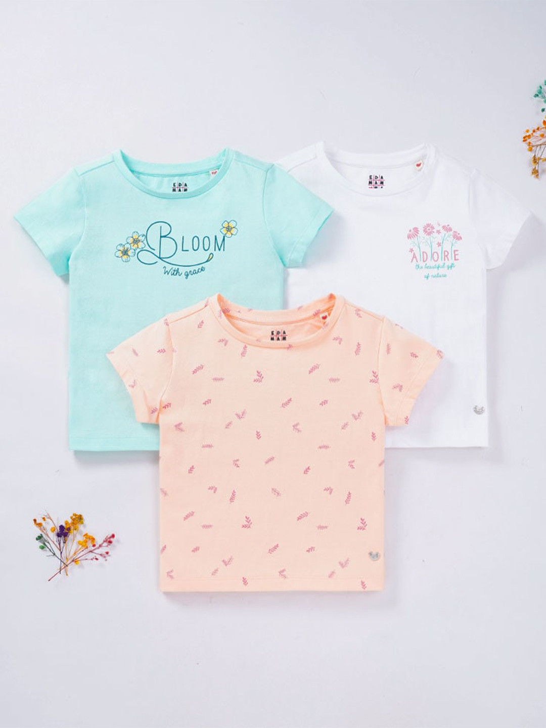 

Ed-a-Mamma Girls Blue & Peach-Coloured Cotton Printed T-shirt Pack Of 3