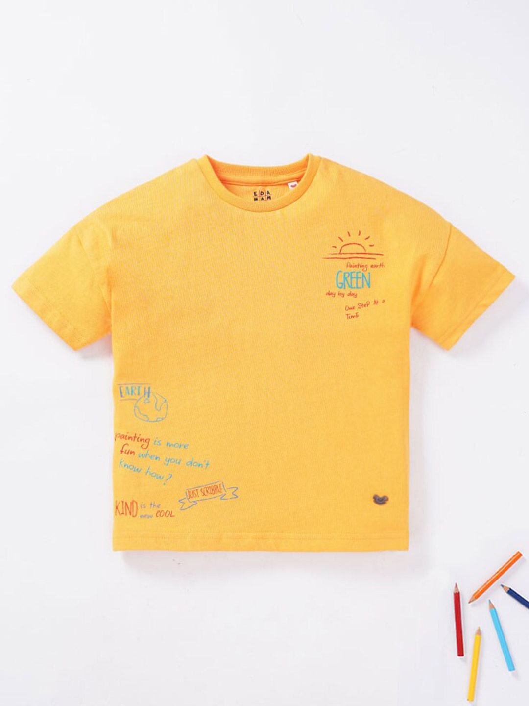 

Ed-a-Mamma Boys Yellow Printed V-Neck Applique T-shirt