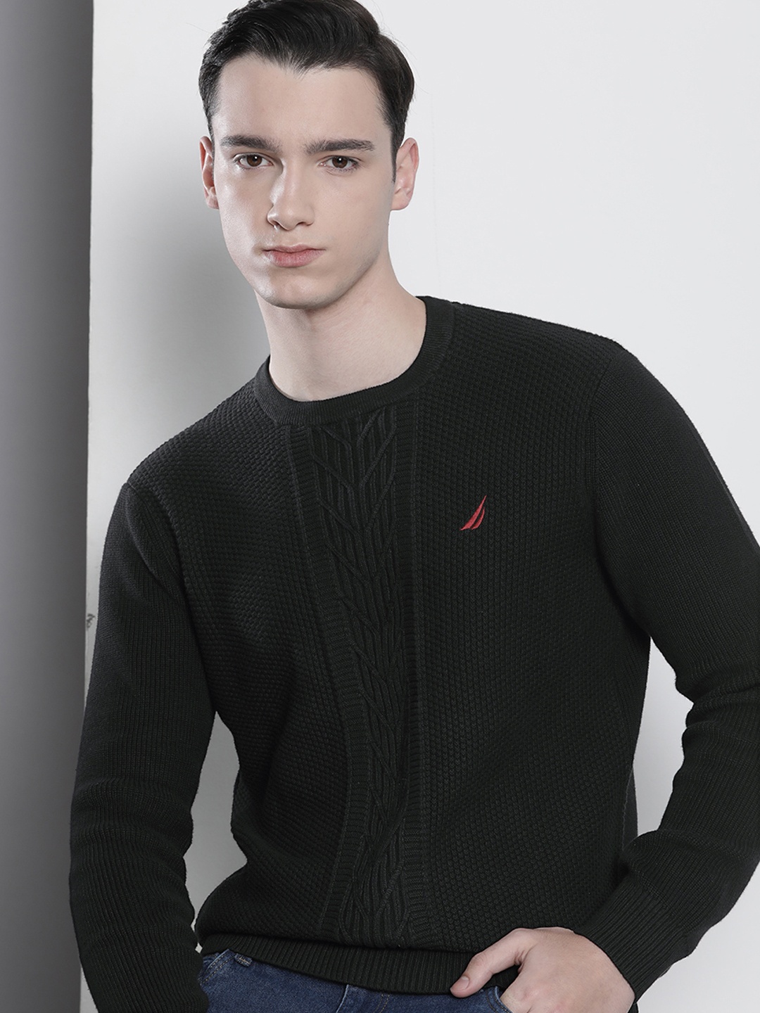 

Nautica Men Pure Cotton Pullover with Embroidered Detail, Black