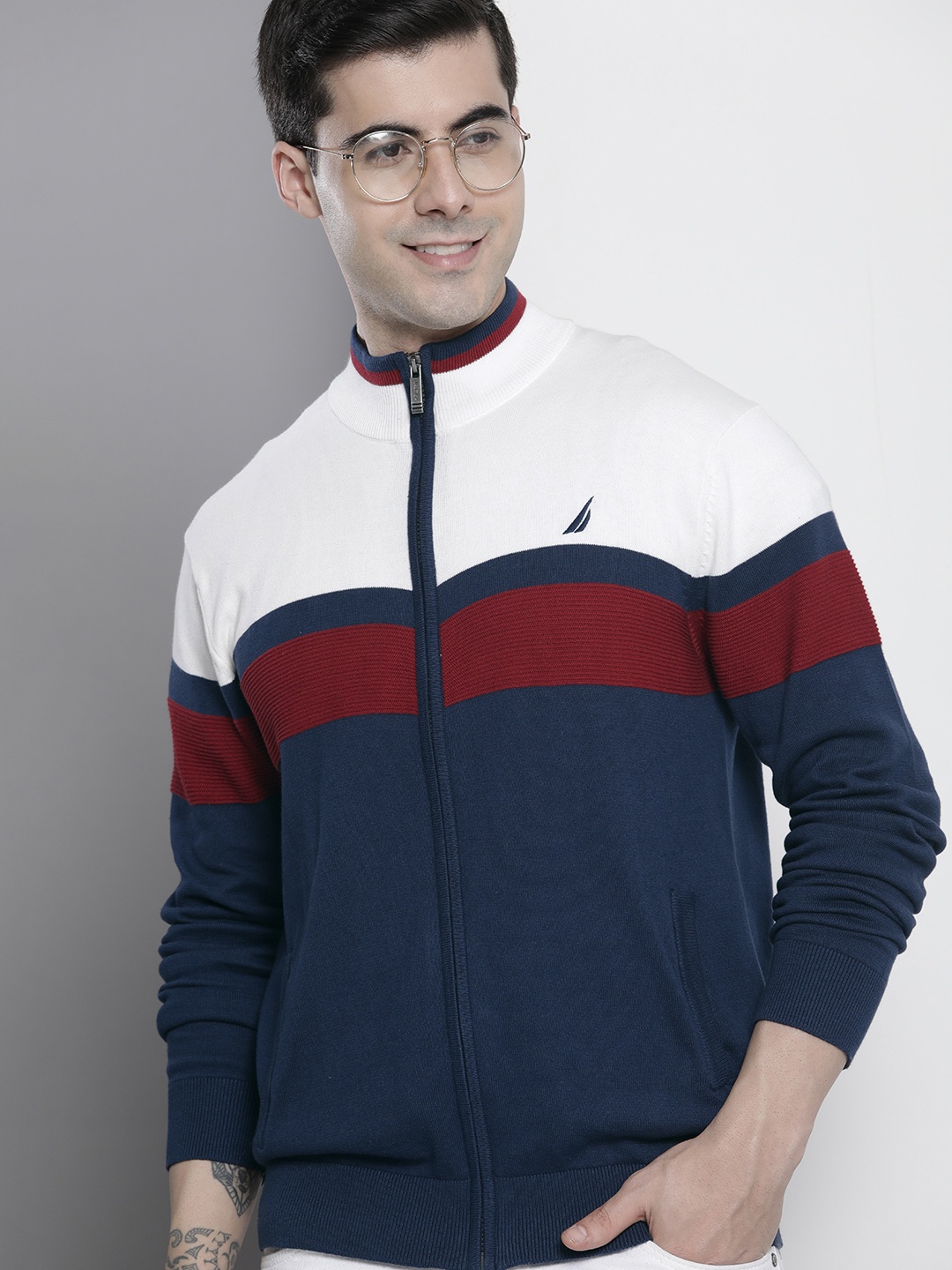 

Nautica Men Colourblocked Pure Cotton Sweater, White