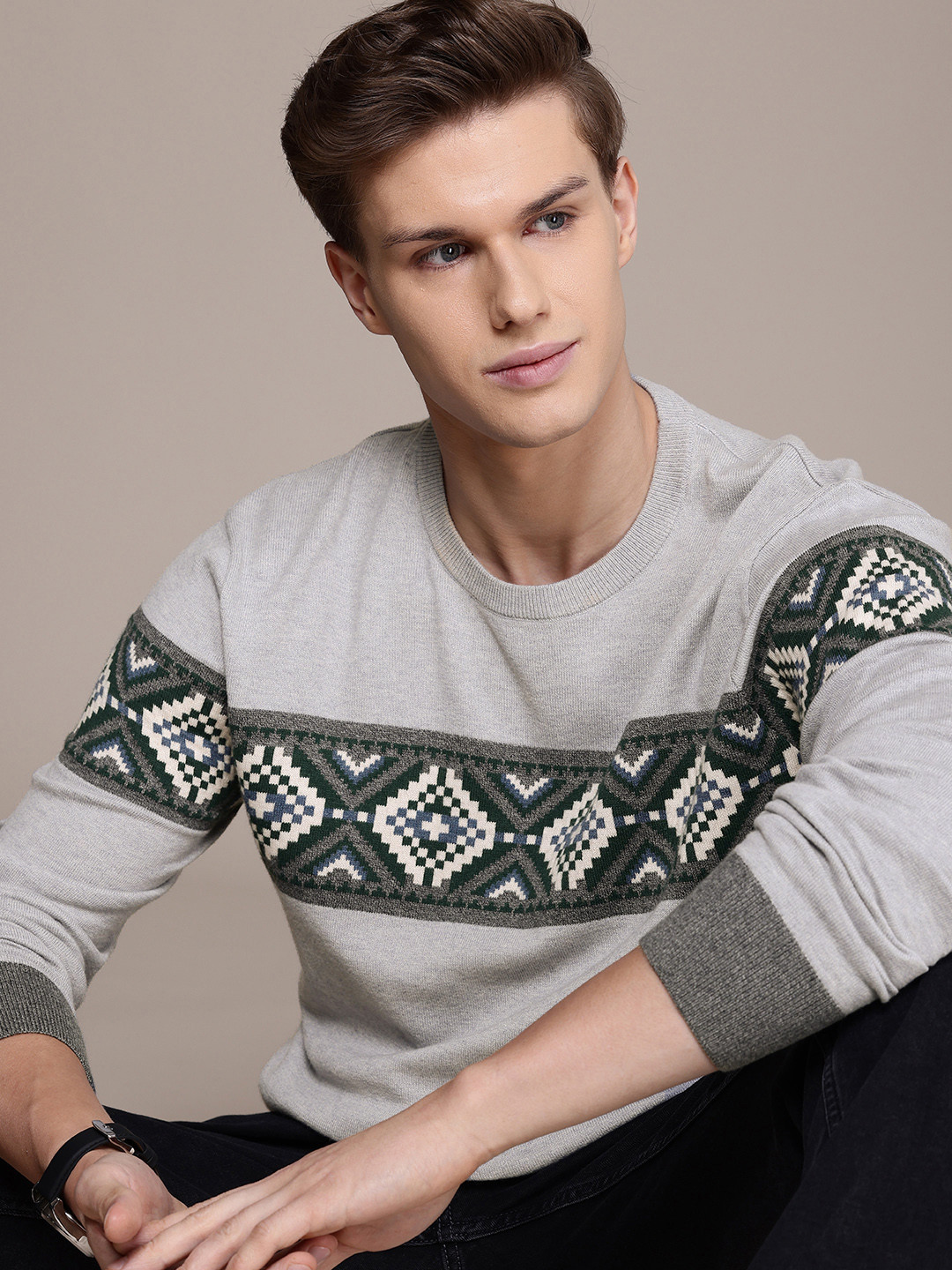 

Nautica Geometric Self Design Pullover, Grey