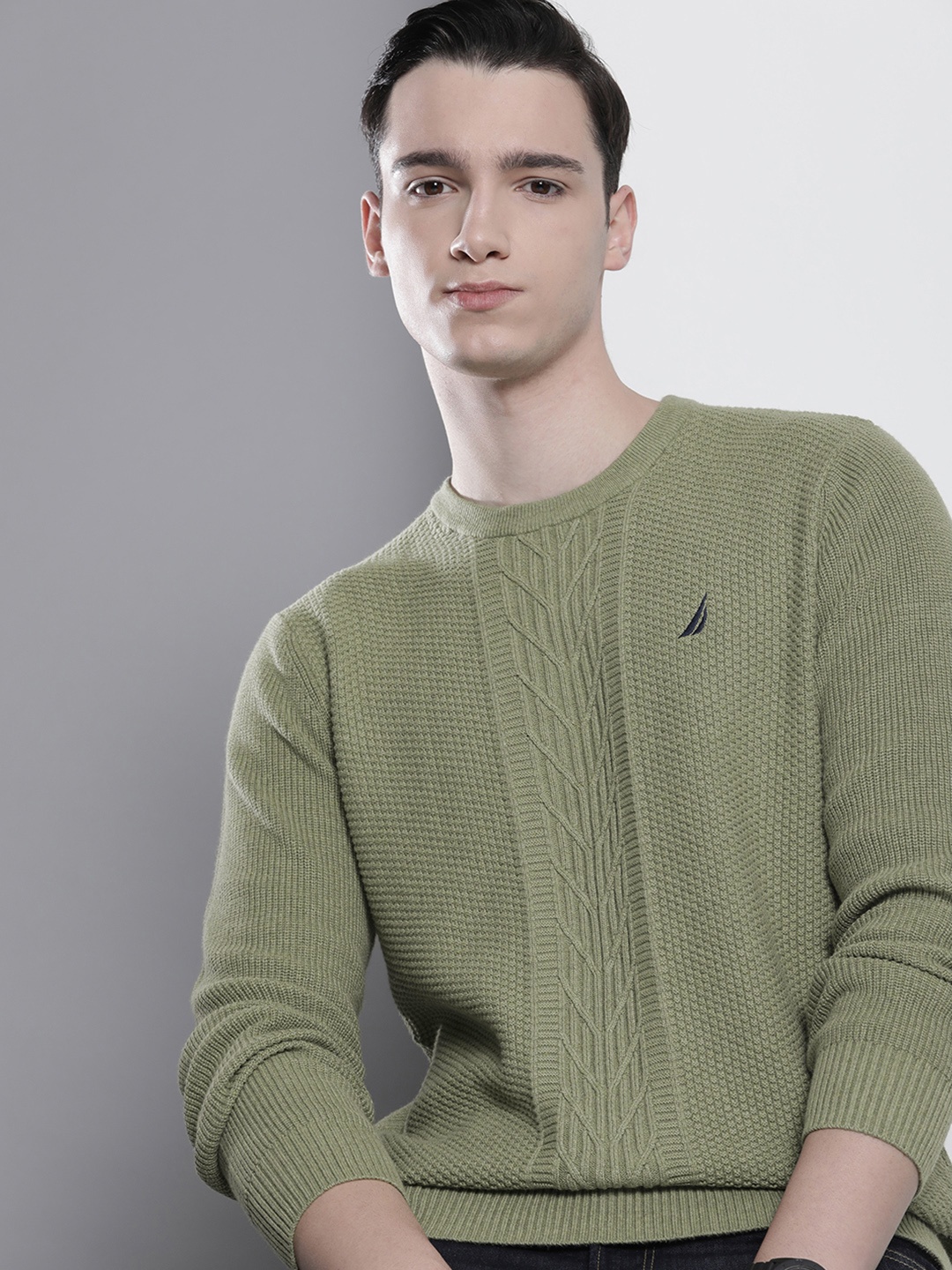 

Nautica Men Pure Cotton Pullover with Embroidered Detail, Olive