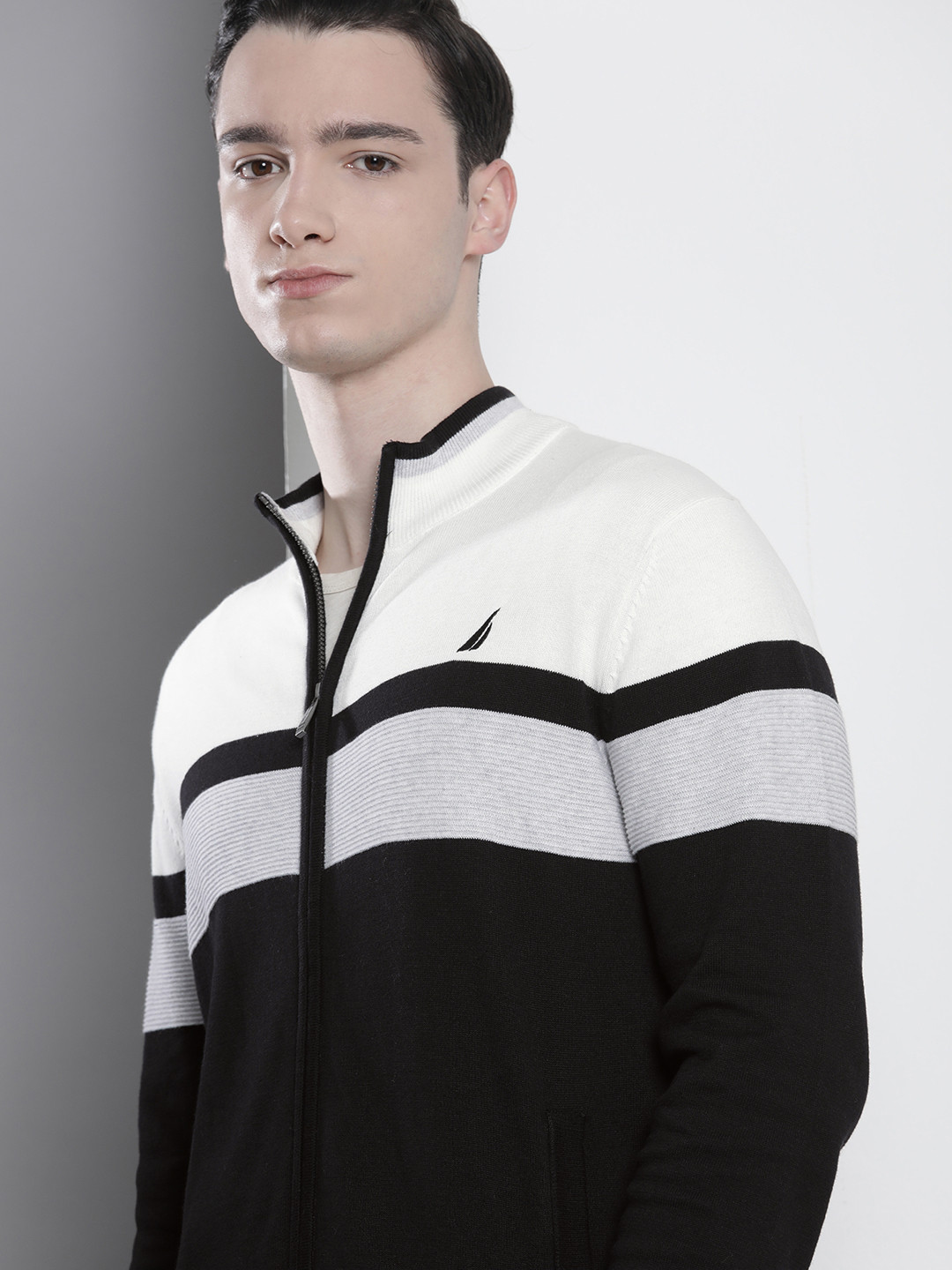 

Nautica Men Pure Cotton Colourblocked Sweater with Stripe & Embroidered Detail, Black
