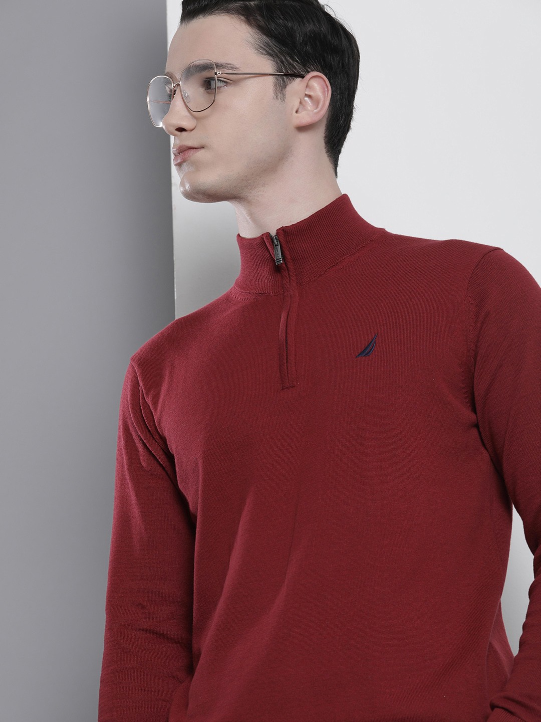 Nautica Men Long Sleeves Pullover with Embroidered Detail, Maroon