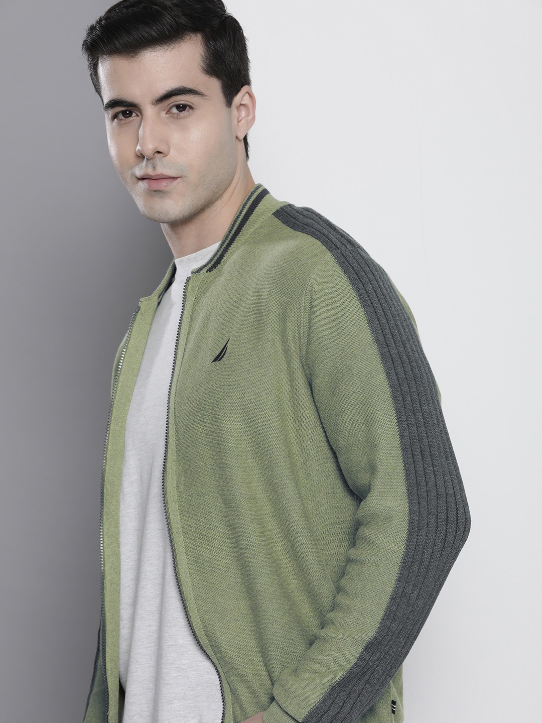 

Nautica Men Pure Cotton Colourblocked Sweater with Embroidered Detail, Olive