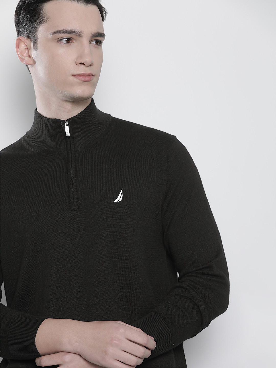 

Nautica Men Mock Neck Pullover with Embroidered Detail, Black