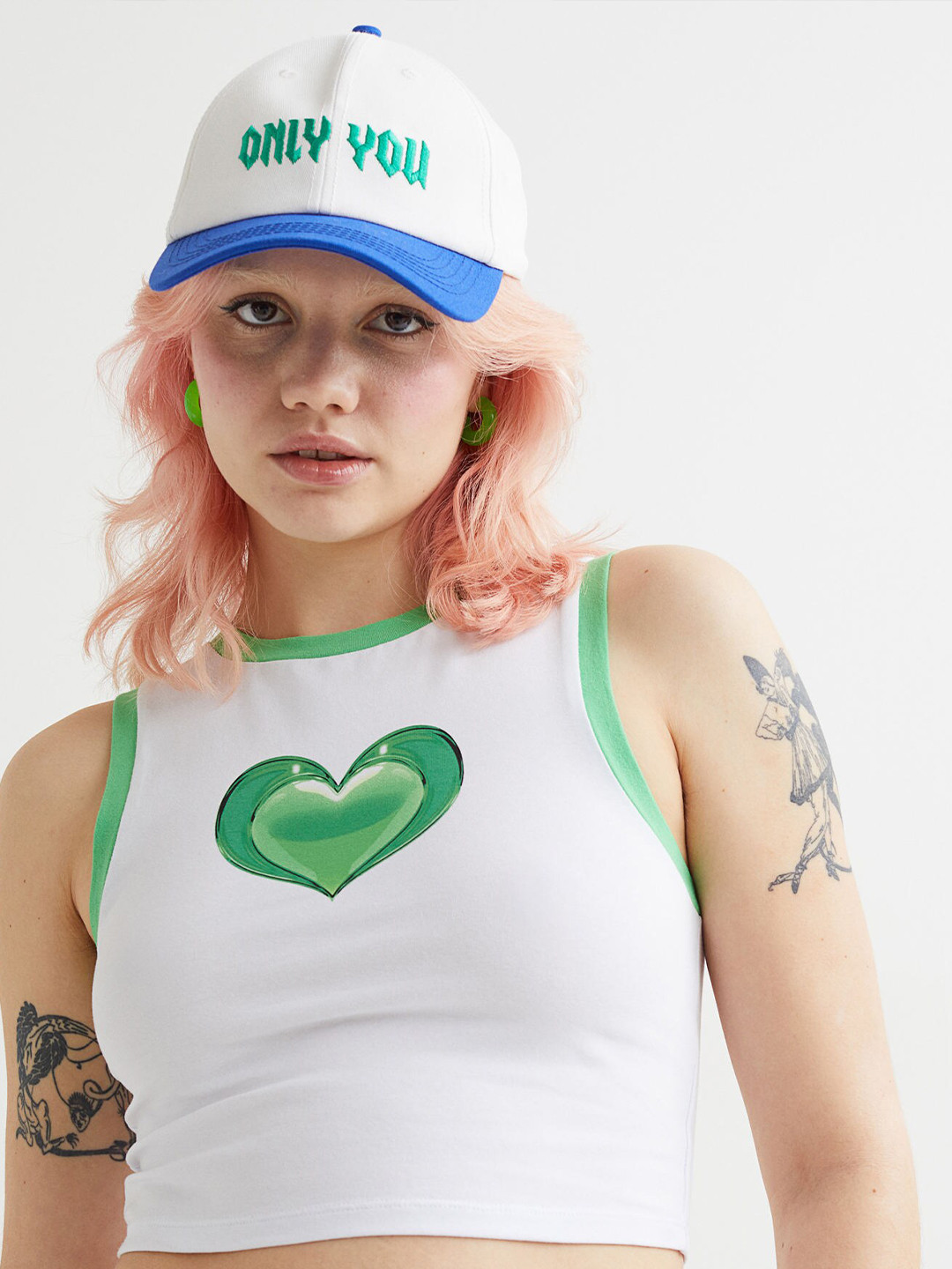 

H&M Women White & Green Print-Motif Cropped Top