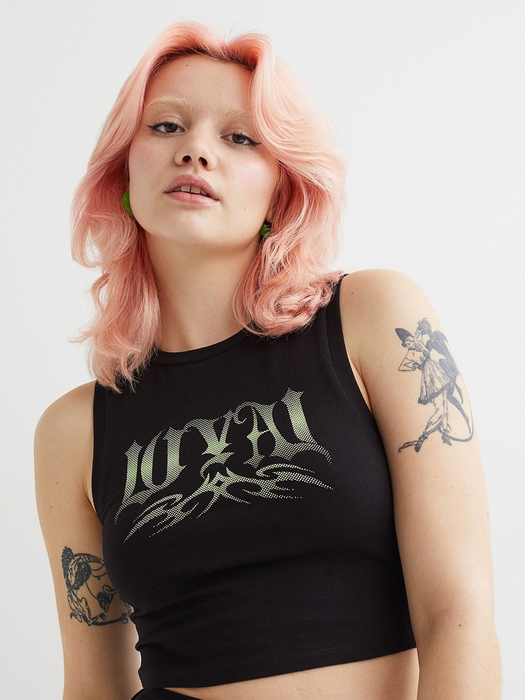 

H&M Women Black Print-Motif Cropped Top