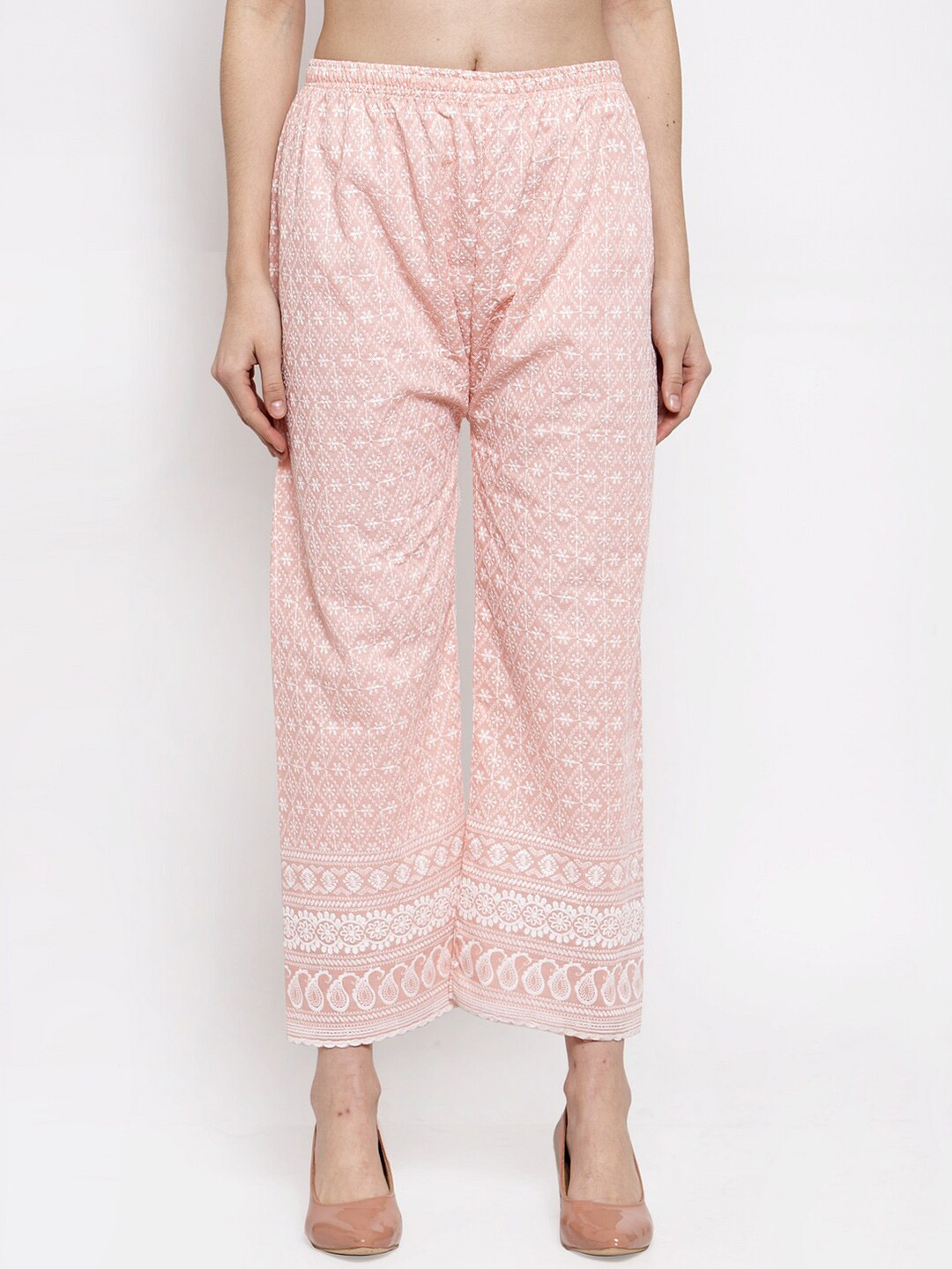 

Miaz Lifestyle Women Peach-Coloured & White Ethnic Motifs Embroidered Palazzos