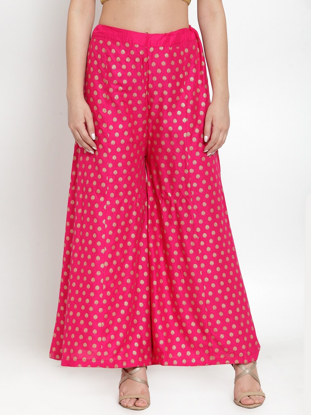 

Miaz Lifestyle Women Pink & Gold-Toned Ethnic Motifs Printed Cotton Palazzos