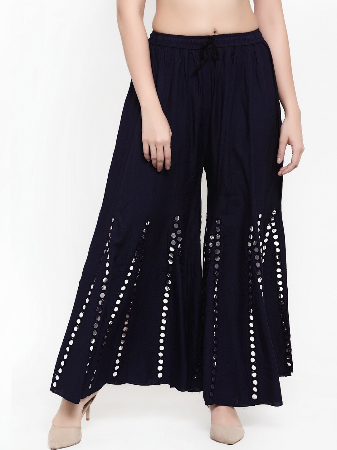 

Miaz Lifestyle Women Navy Blue & Silver-Toned Embellished Flared Palazzos