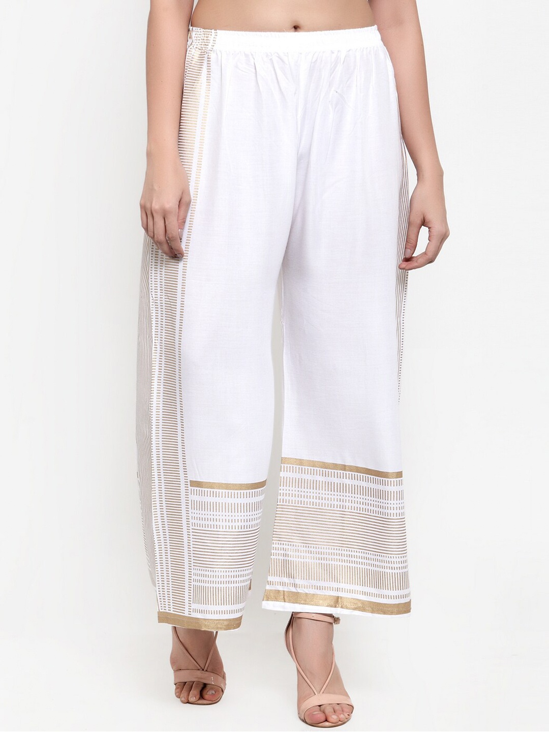 

Miaz Lifestyle Women White & Gold-Toned Printed Straight Palazzos