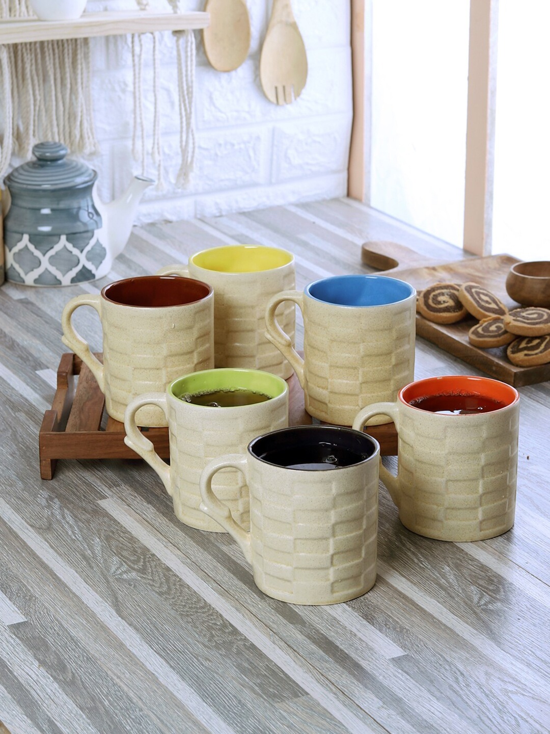 

CDI Gold-Toned & Orange Set Of 6 Textured Ceramic Glossy Mugs With Tray
