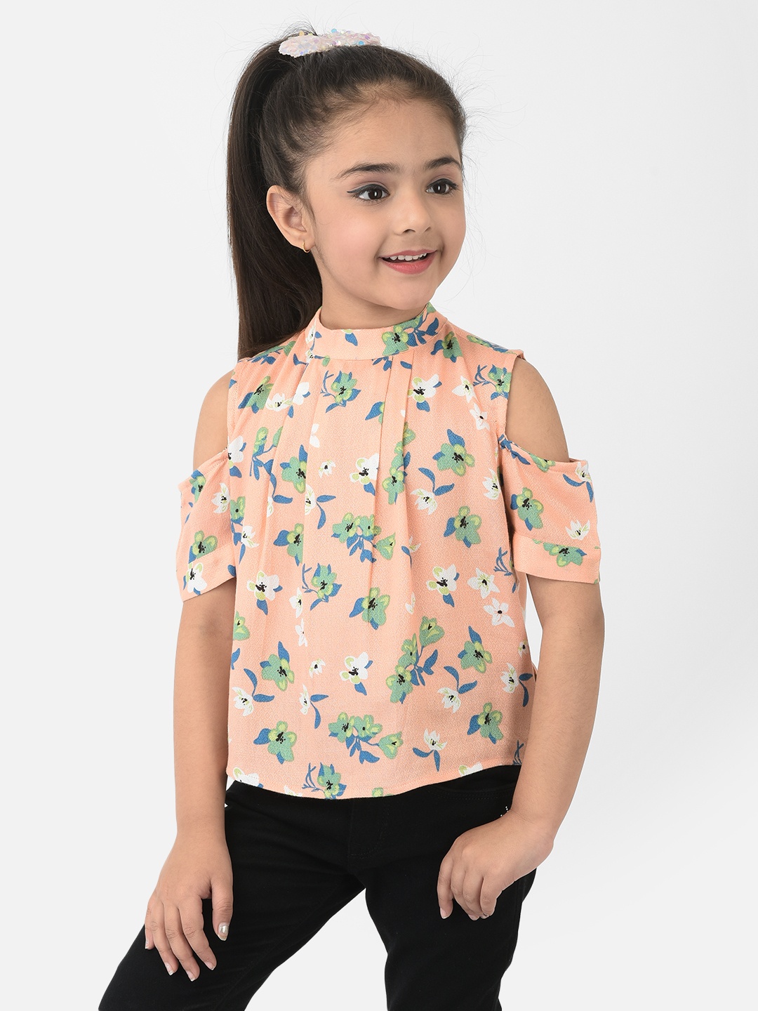 

Crimsoune Club Girls Peach-Coloured Floral Print Crepe Cold Shoulder Top