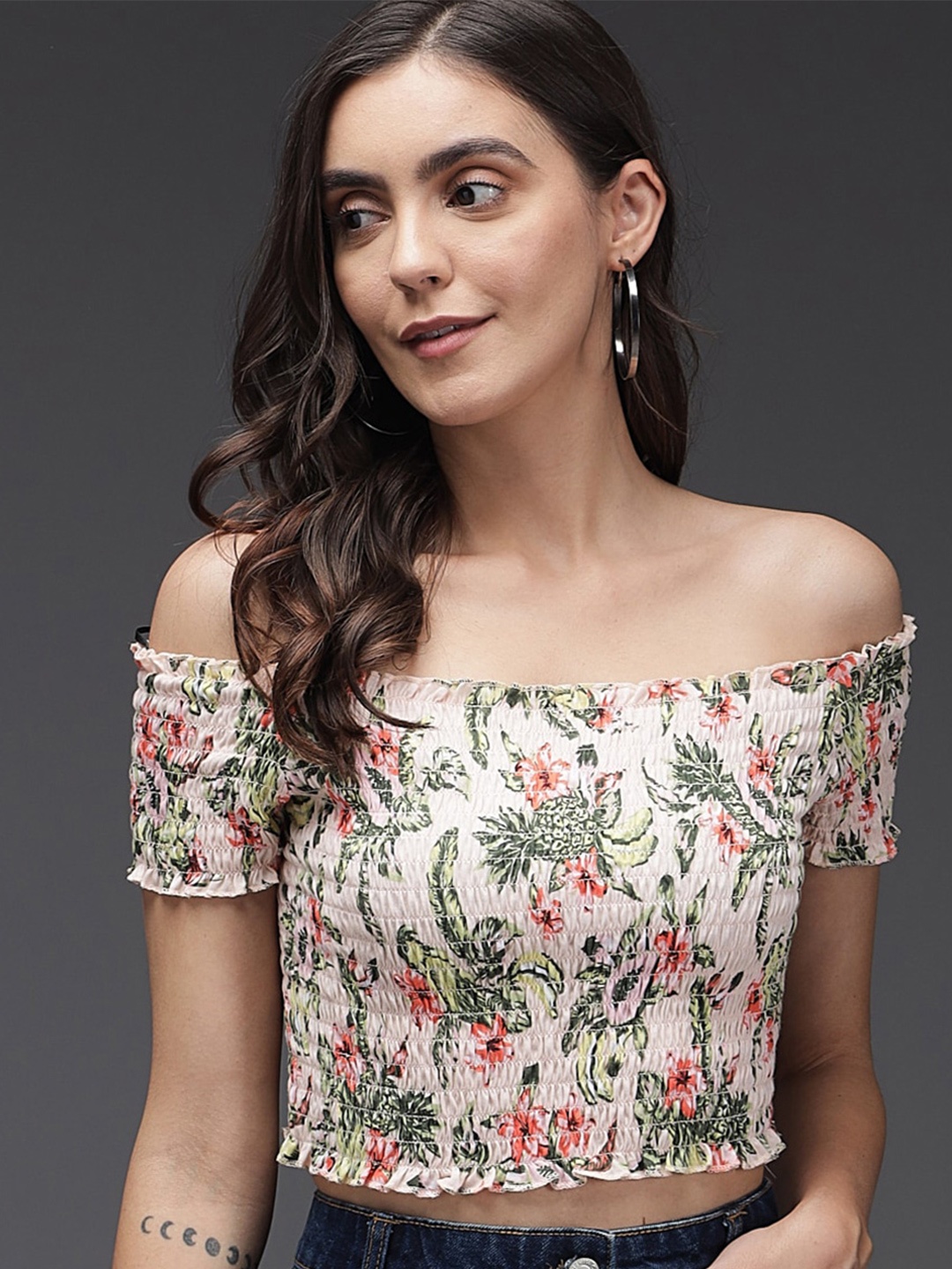 

Darzi Multicoloured Floral Print Off-Shoulder Crepe Bardot Crop Top, Multi